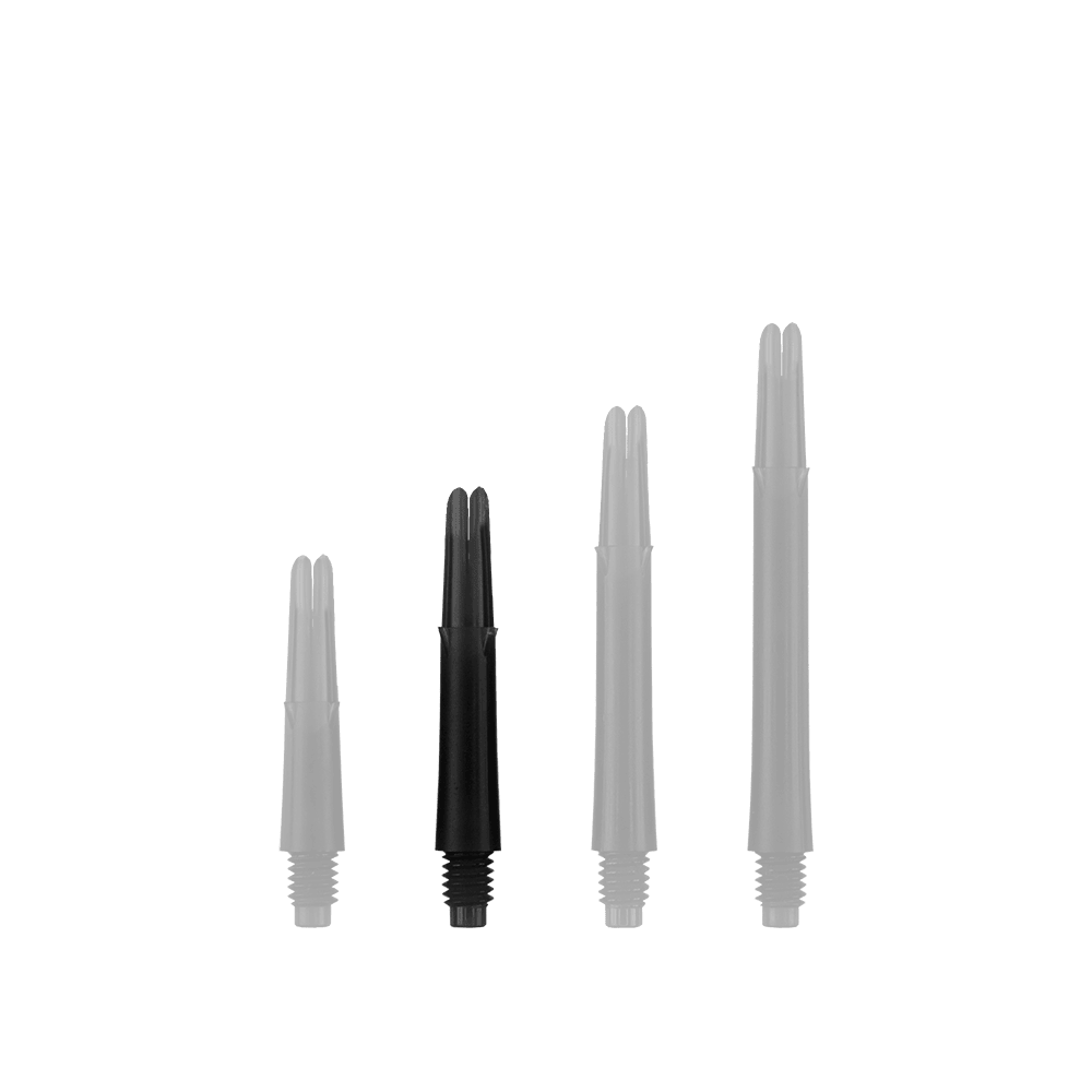 Auf dem Bild sind vier schwarze, gerade Dartschäfte in unterschiedlichen Längen zu sehen. Sie stehen nebeneinander aufrecht vor weißem Hintergrund.