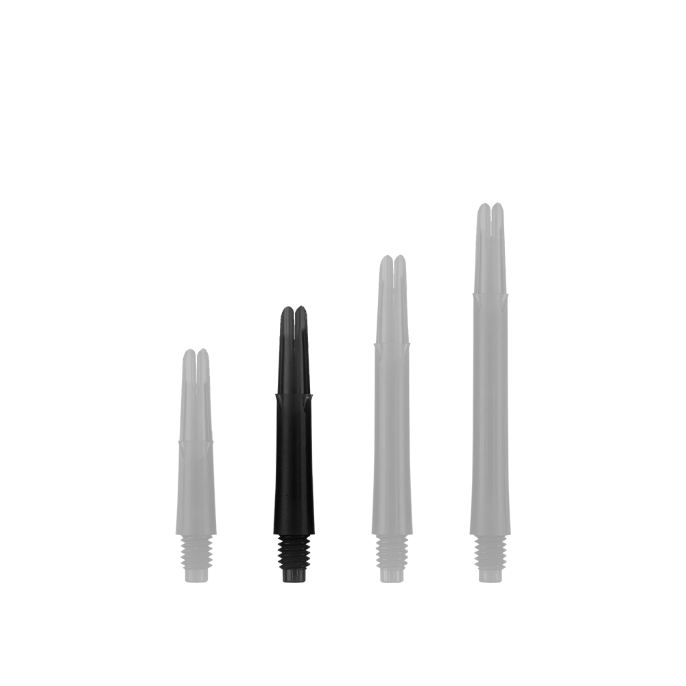 Ejes en L estilo L bloqueados rectos - Negro Auf dem Bild sind vier schwarze, gerade Dartschäfte in unterschiedlichen Längen zu sehen. Sie stehen nebeneinander aufrecht vor weißem Hintergrund.