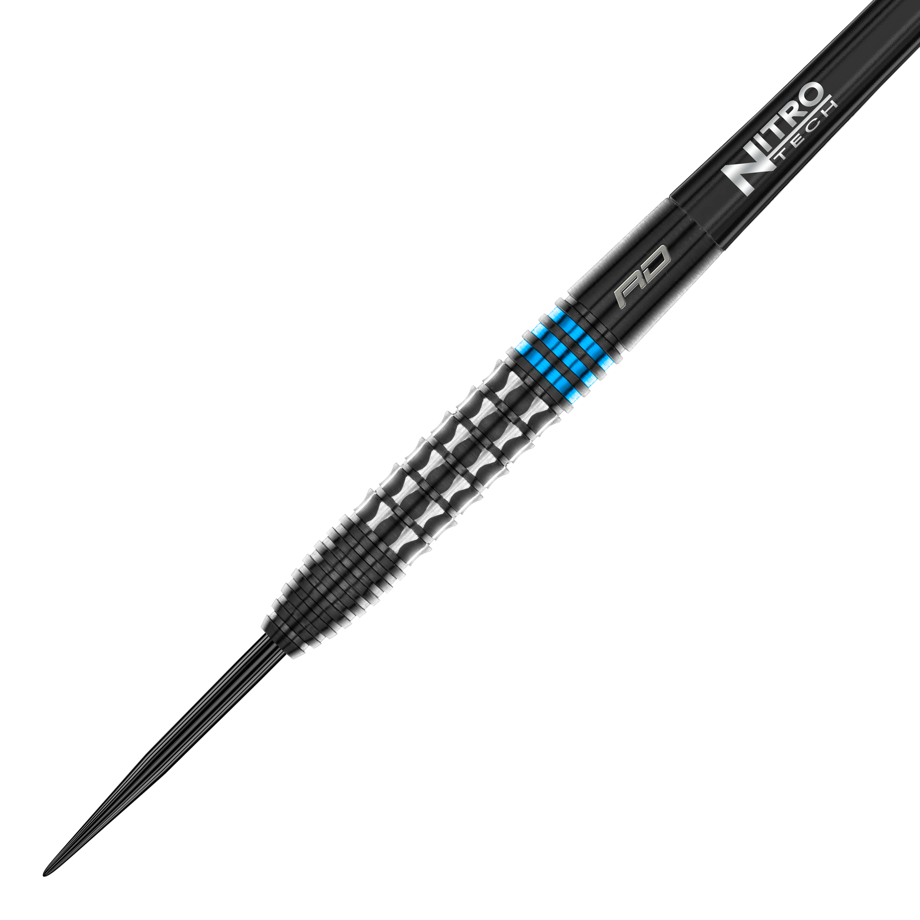 Das Bild zeigt einen Red Dragon Vengeance Blue Steeldart. Der Dartpfeil ist schwarz mit blauen Akzenten und hat eine strukturierte Griffoberfläche.