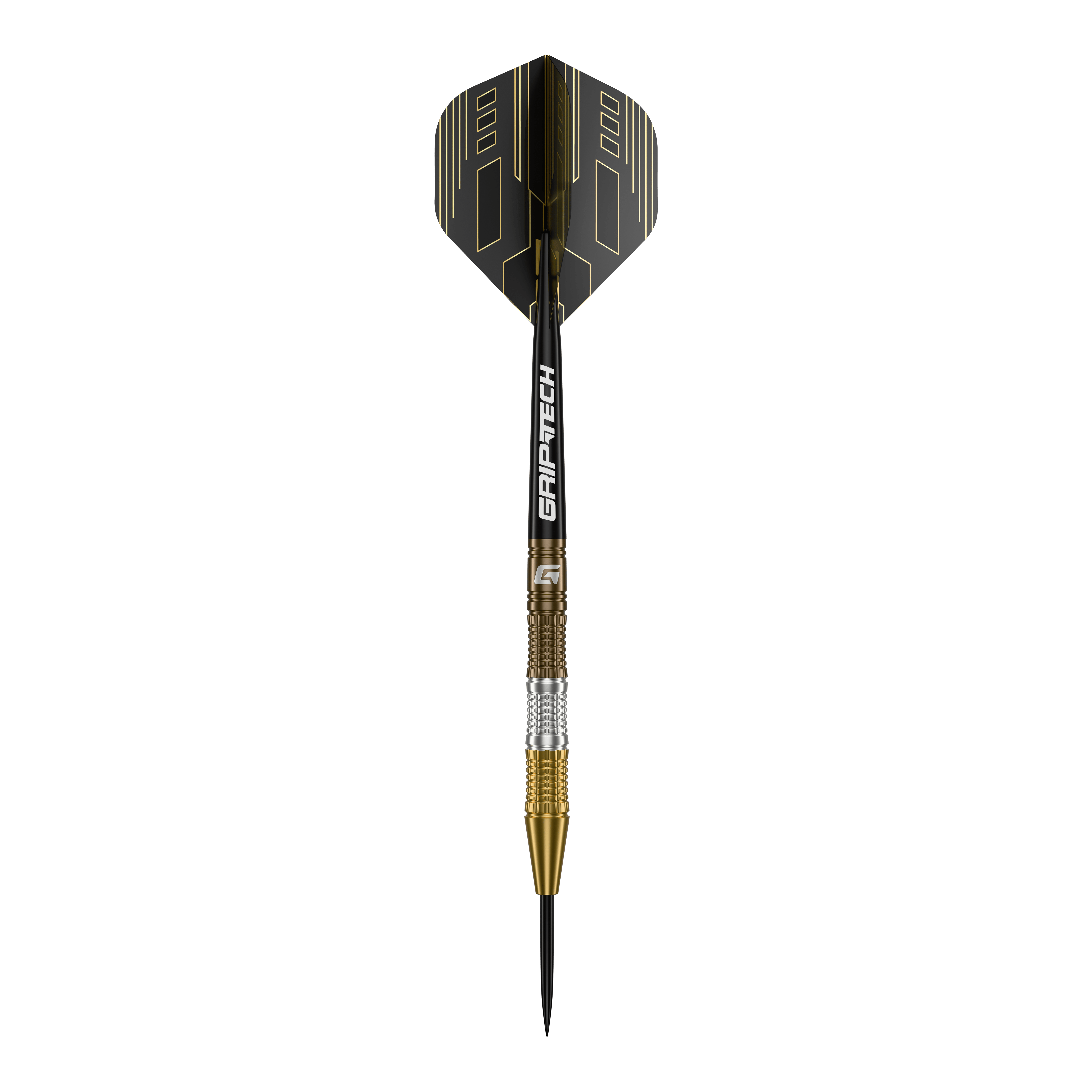 Dardos de acero de tungsteno para la ceremonia GOAT Das Bild zeigt einen GOAT Ceremony Tungsten Steeldart mit einem eleganten Design in Gold, Silber und Schwarz. Auf dem Schaft steht der Schriftzug "GRIP-TECH".