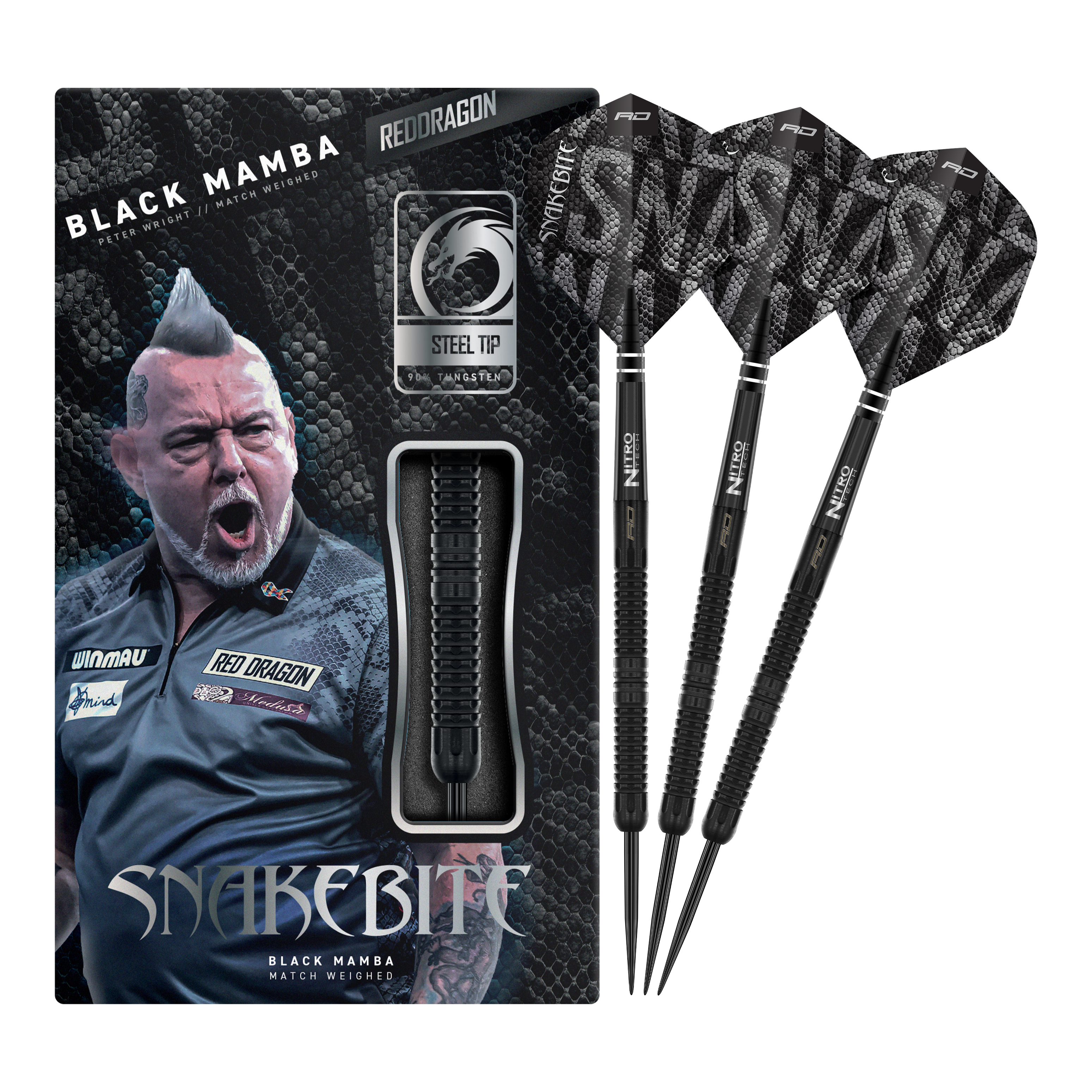 Abgebildet ist der Red Dragon Peter Wright Snakebite Black Mamba Steeldart. Das Produkt zeichnet sich durch sein schwarzes Design und hochwertige Verarbeitung aus.