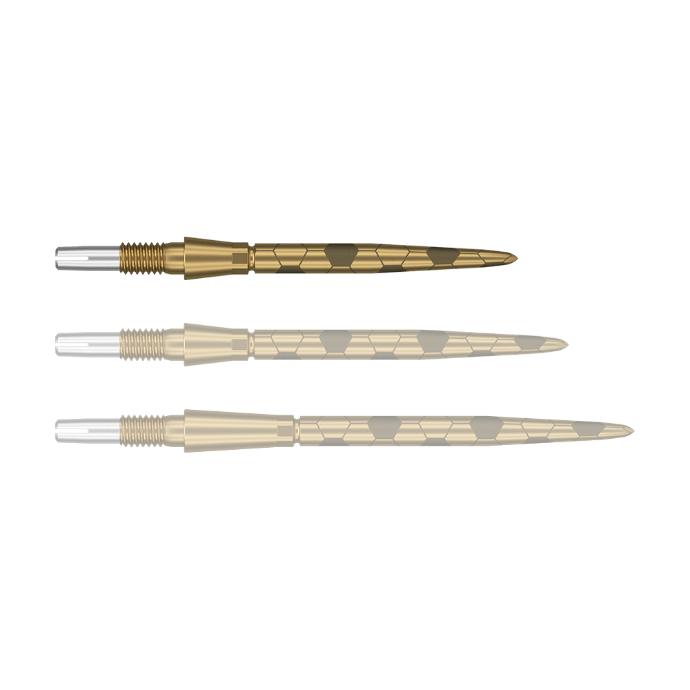 Puntas de dardos Target Swiss Storm Onyx Point - Oro Das Bild zeigt drei goldfarbene Dartspitzen mit sechseckigen Mustern. Sie liegen nebeneinander und sind in unterschiedlichen Perspektiven dargestellt.
