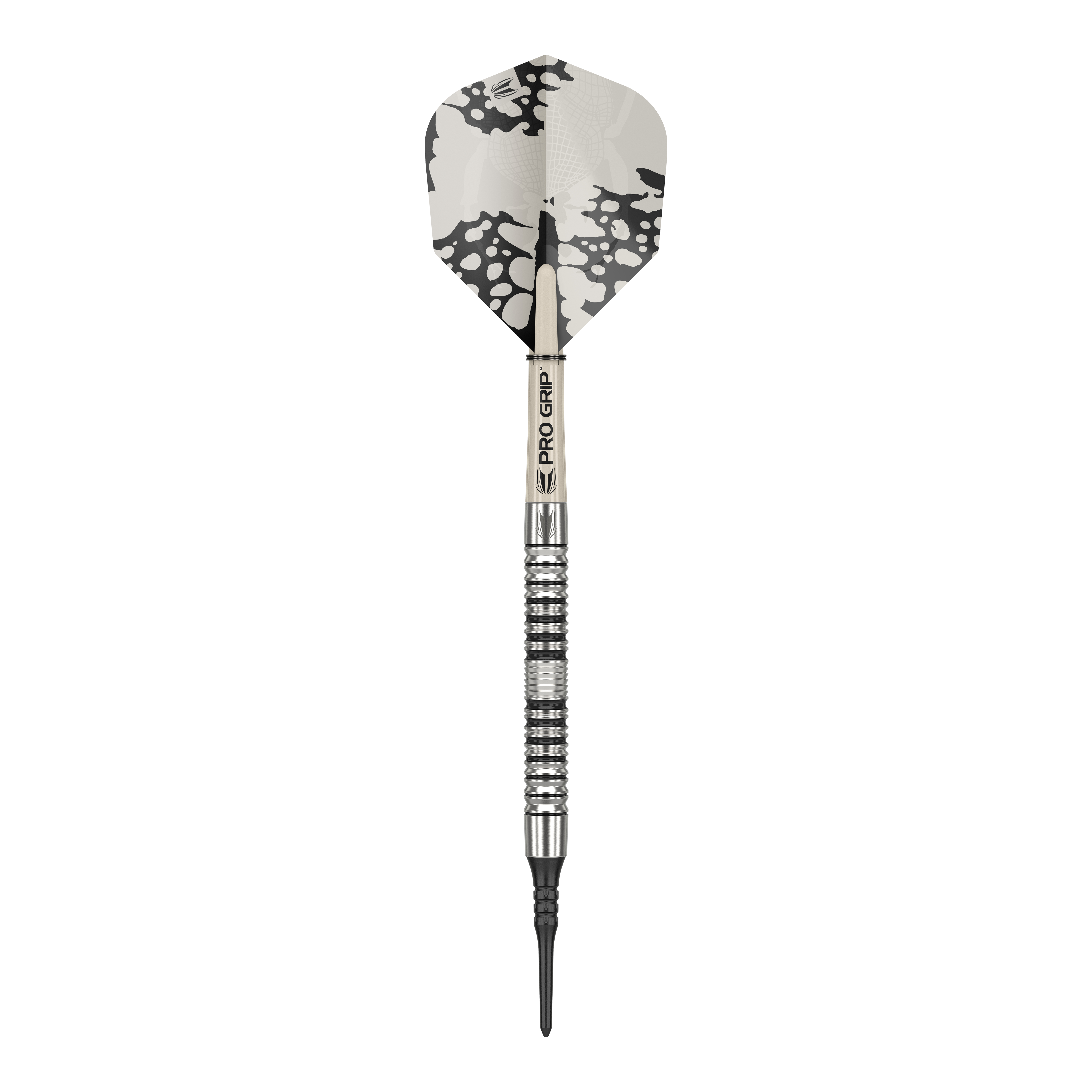 Dardos blandos Target EXO 10 Das Bild zeigt einen Target EXO 10 Softdart. Der Dart hat ein silbernes und schwarzes Design mit einem gemusterten Flight.