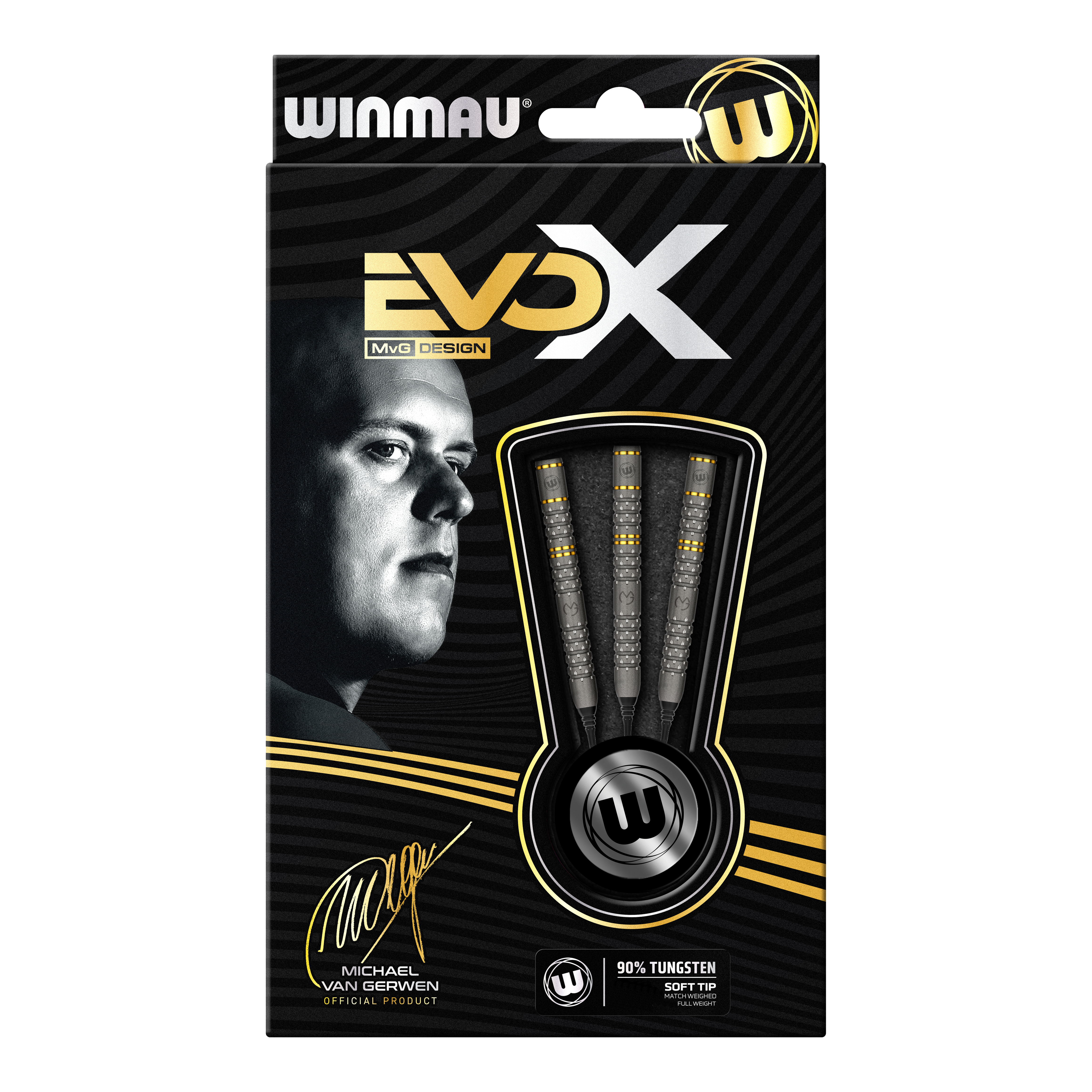 Die Abbildung zeigt die Verpackung der "Winmau Michael Van Gerwen Evo-X Softdarts - 20g". Auf der Vorderseite sind drei Softdarts sowie ein Porträt von Michael Van Gerwen zu sehen.
