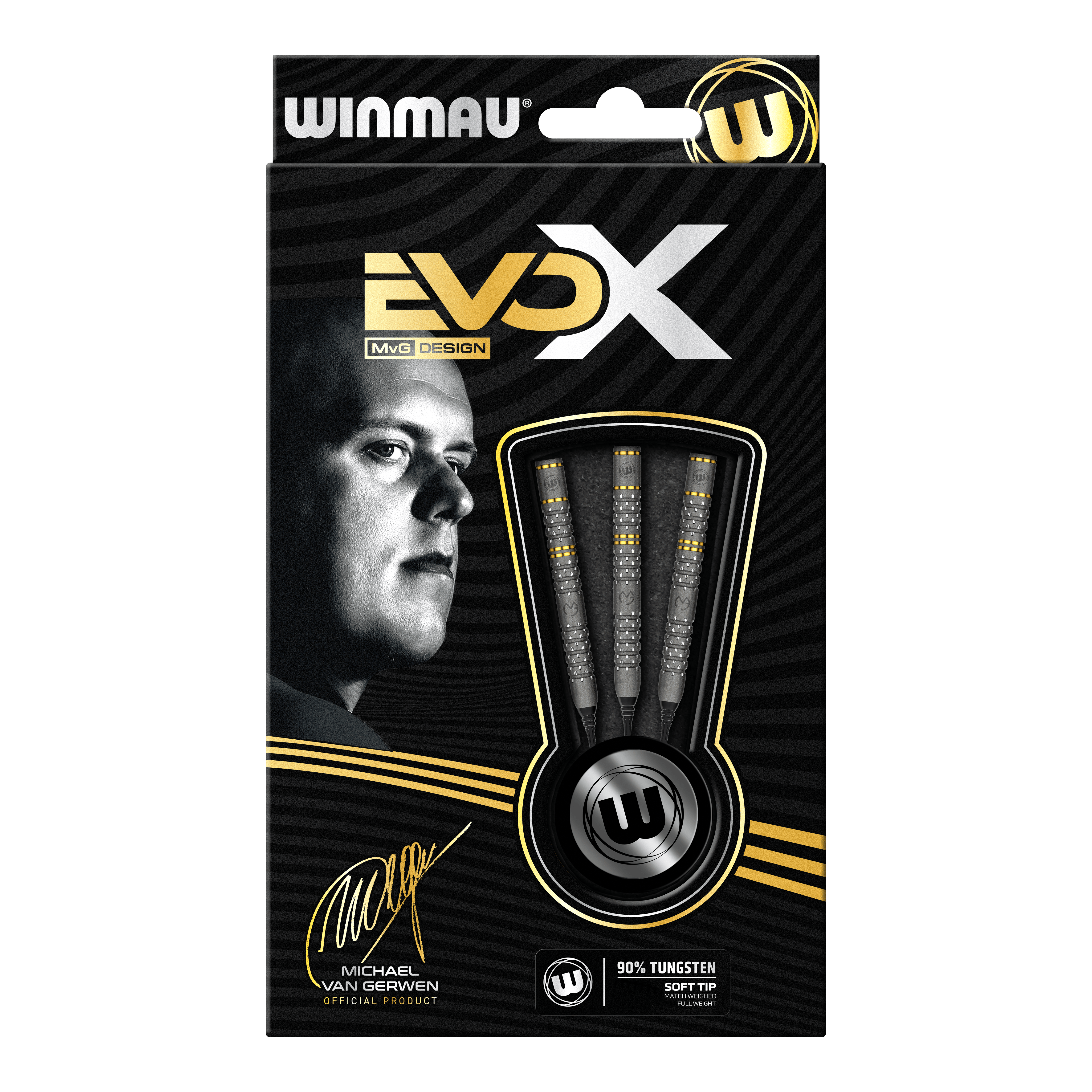 Dardos blandos Winmau Michael Van Gerwen Evo-X - 20g Die Abbildung zeigt die Verpackung der "Winmau Michael Van Gerwen Evo-X Softdarts - 20g". Auf der Vorderseite sind drei Softdarts sowie ein Porträt von Michael Van Gerwen zu sehen.