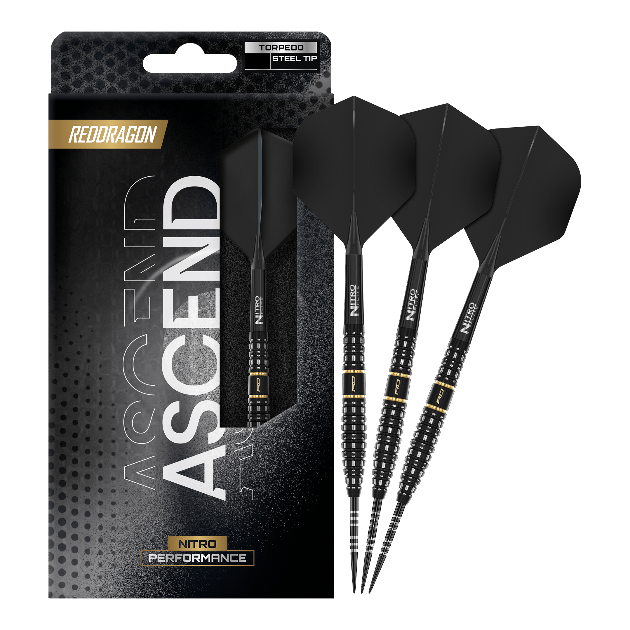 Dardos de acero Torpedo Ascend de Red Dragon Zu sehen ist das komplette Set der Red Dragon Ascend Torpedo Steeldarts. Die Aufnahme zeigt alle enthaltenen Komponenten des Produkts.