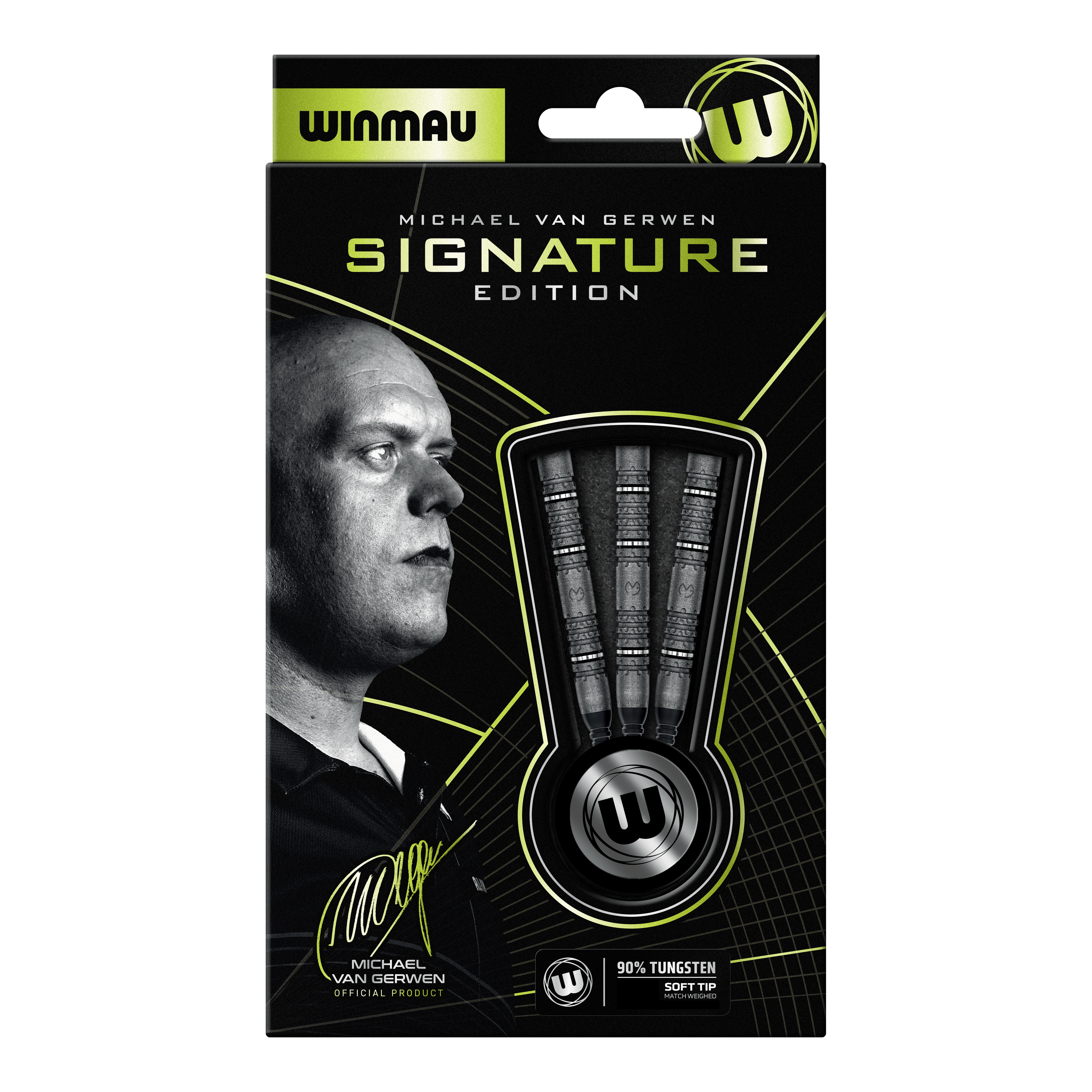 Dardos blandos Winmau Michael Van Gerwen Signature Edition - 20 g Abgebildet sind die Winmau Michael Van Gerwen Signature Edition Softdarts mit 20g Gewicht. Die Aufnahme zeigt drei einzelne Softdarts.
