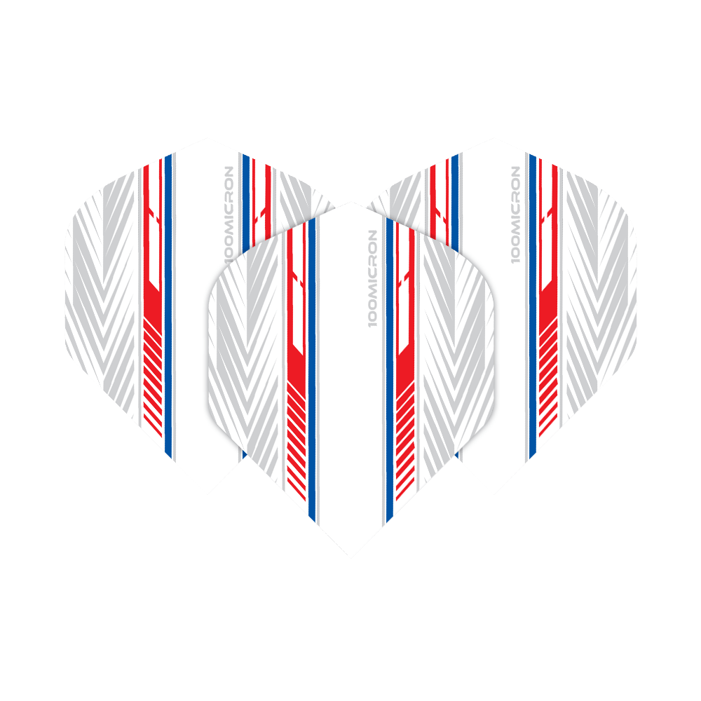Vuelos de pentatlón blanco/rojo/azul Das Bild zeigt die "Pentathlon White Red Blue No2 Standard Flights". Die Flights sind überwiegend weiß mit roten, blauen und grauen Linienmustern.