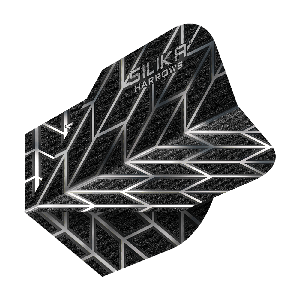 Harrows Silika Monarch No6 Flights in Schwarz und Silber. Die charakteristische Form ist gut erkennbar.