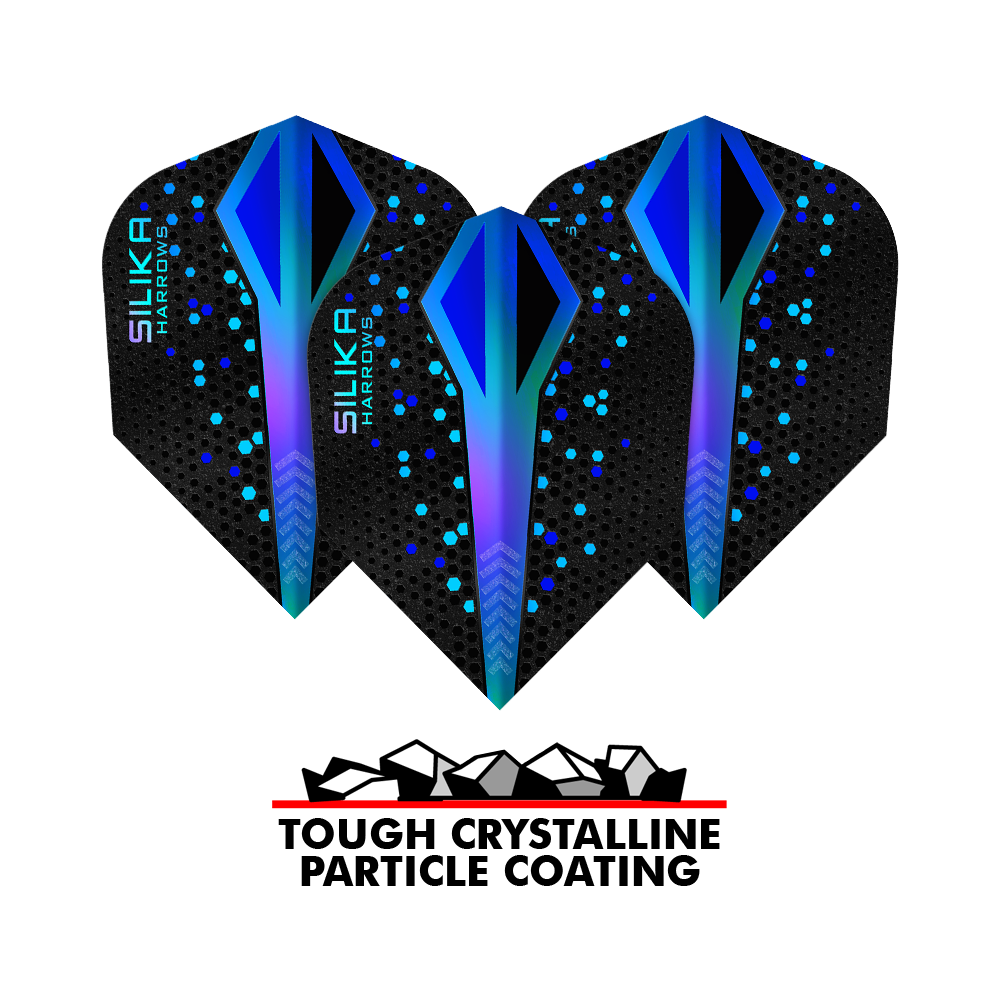 Plumas Harrows Silika Colourshift Tough Crystalline Coating Blue No6 Das Bild zeigt drei Harrows Silika Colourshift Tough Crystalline Coating Blue No6 Flights. Darunter befindet sich ein Logo mit der Aufschrift "Tough Crystalline Particle Coating".