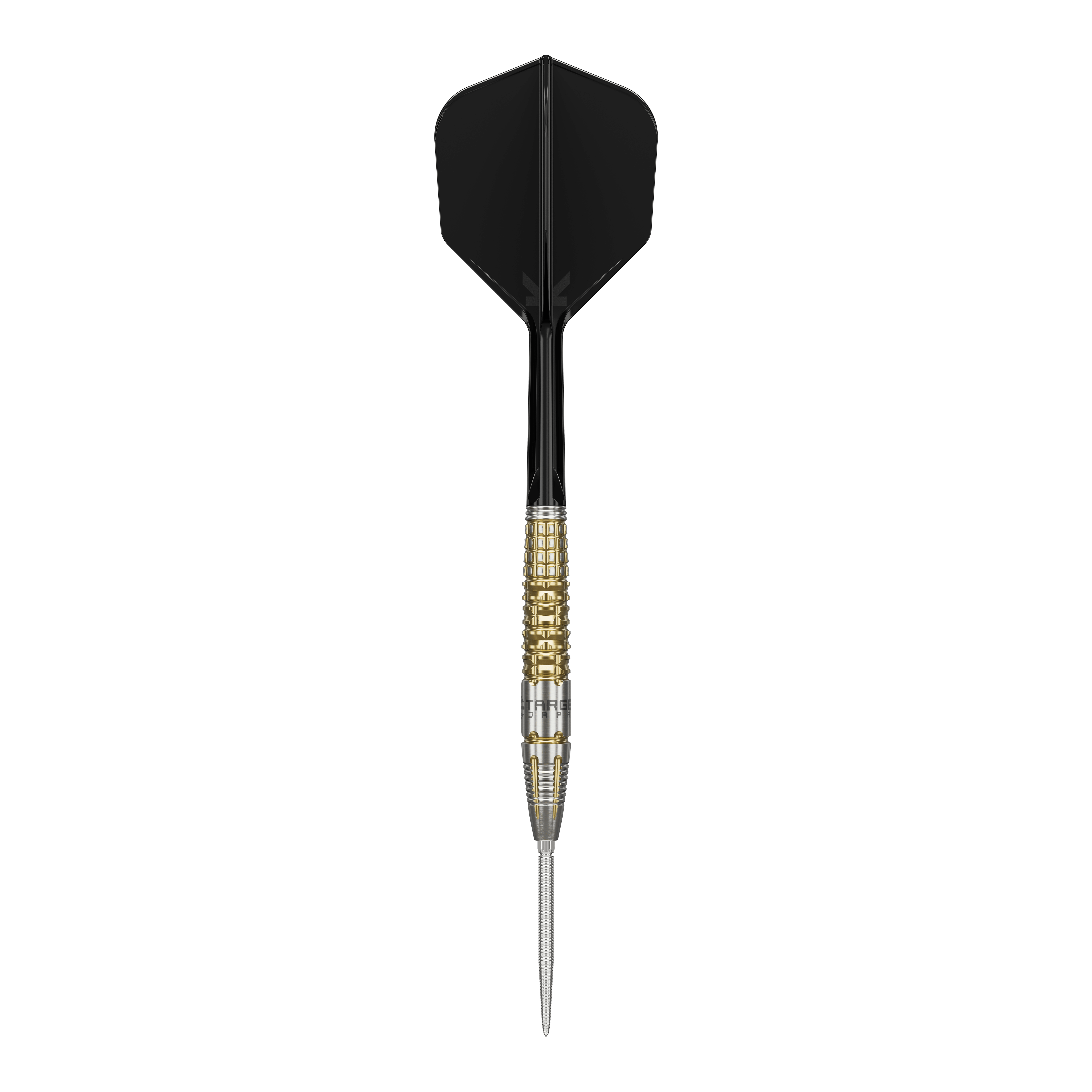 Dardos de acero Target Black Marque Warrior Swiss Point Das Bild zeigt einen Target Black Marque Warrior Swiss Point Steeldart. Der Dart hat eine schwarze Flight, einen gold-silbernen Griffbereich und eine spitze Stahlspitze.