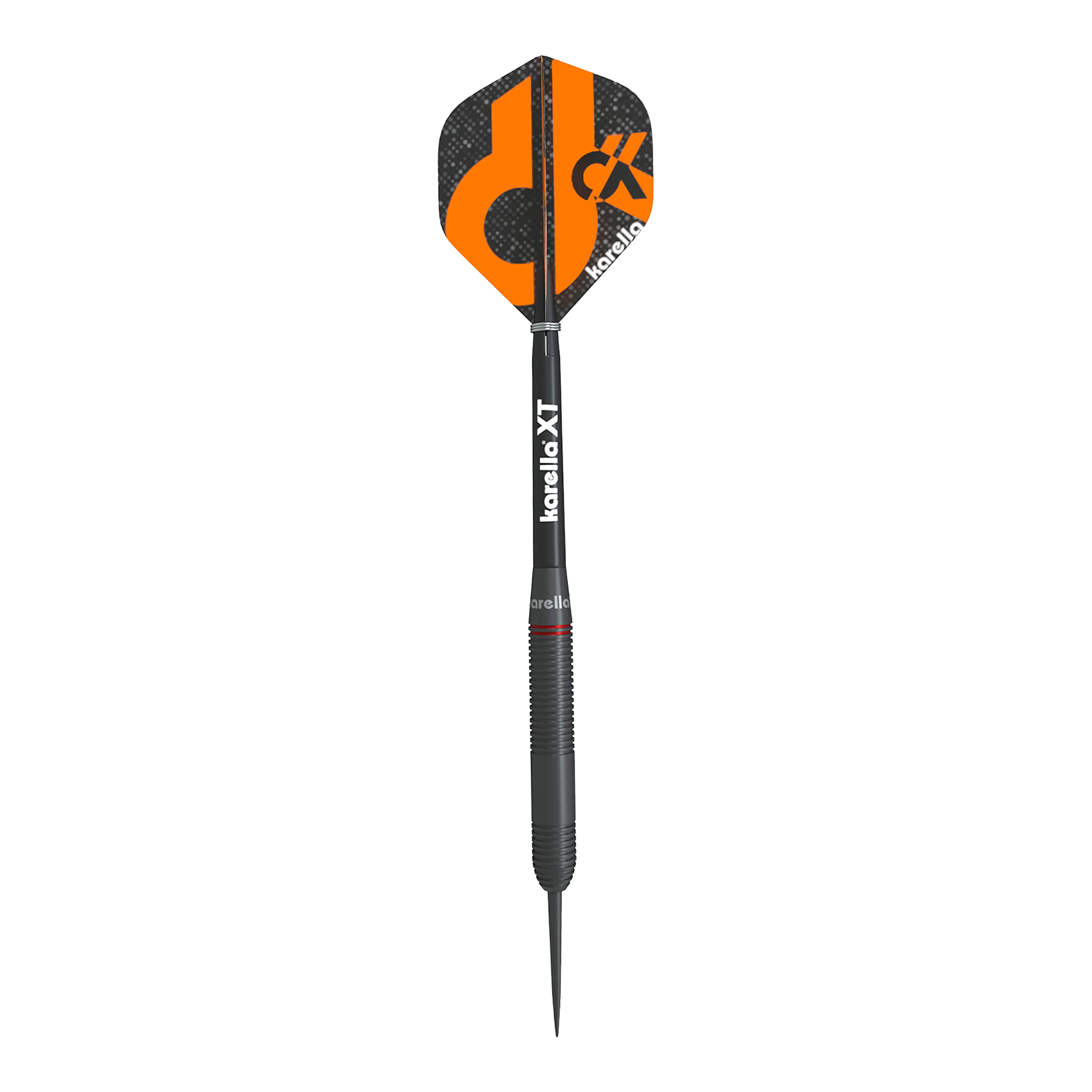 Dardos de acero Karella Daniel Klose Der Karella Daniel Klose Steeldart ist ein schwarzer Dartpfeil mit orangem Design auf dem Flight. Auf dem Schaft steht "karella XT" und der Flight trägt das Karella-Logo.