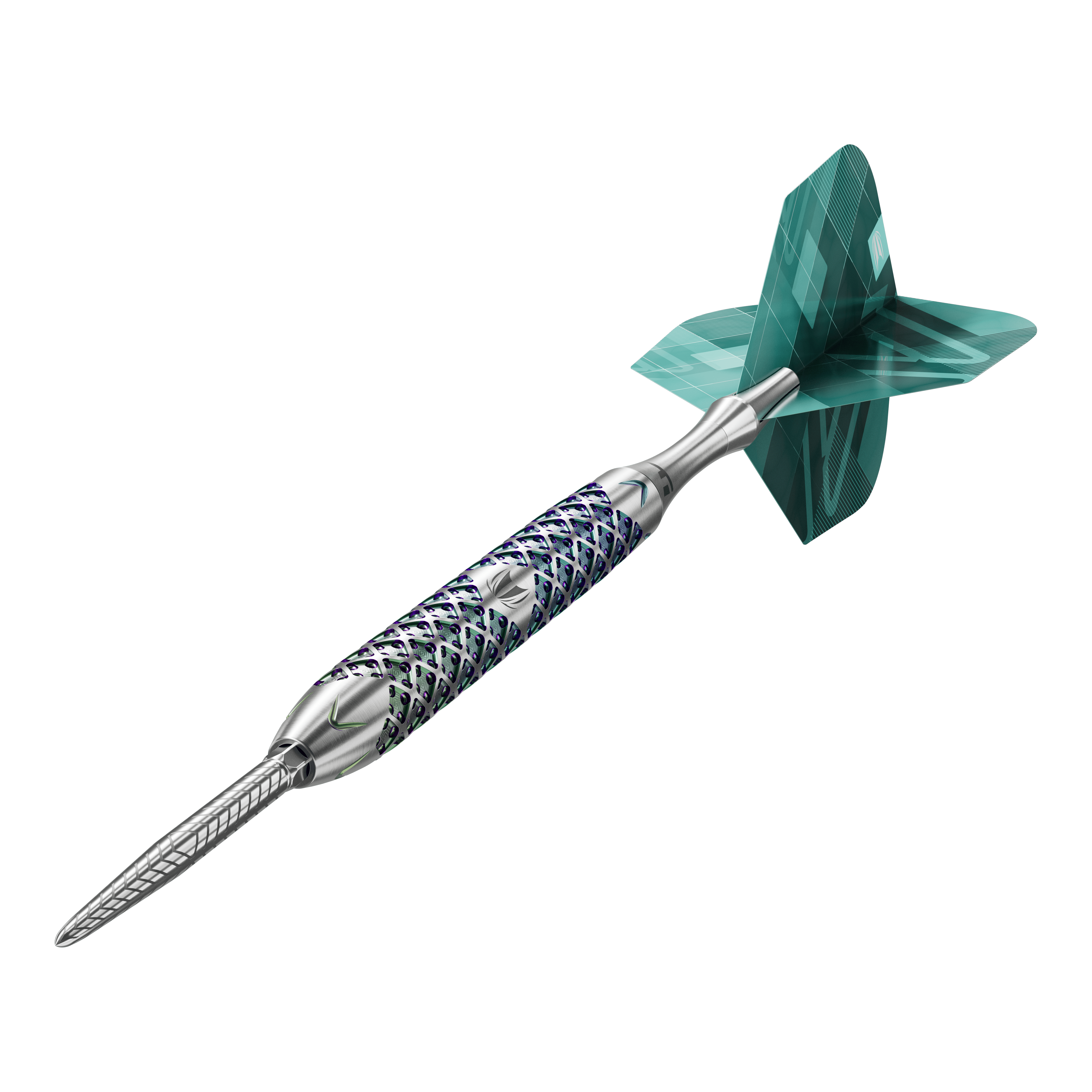 Dardos de acero Target Rove 01 Swiss Point Das Bild zeigt einen Target Rove 01 Swiss Point Steeldart mit silbernem Schaft und blau-grünen Akzenten. Am hinteren Ende befindet sich eine grün gemusterte Dartflügel.