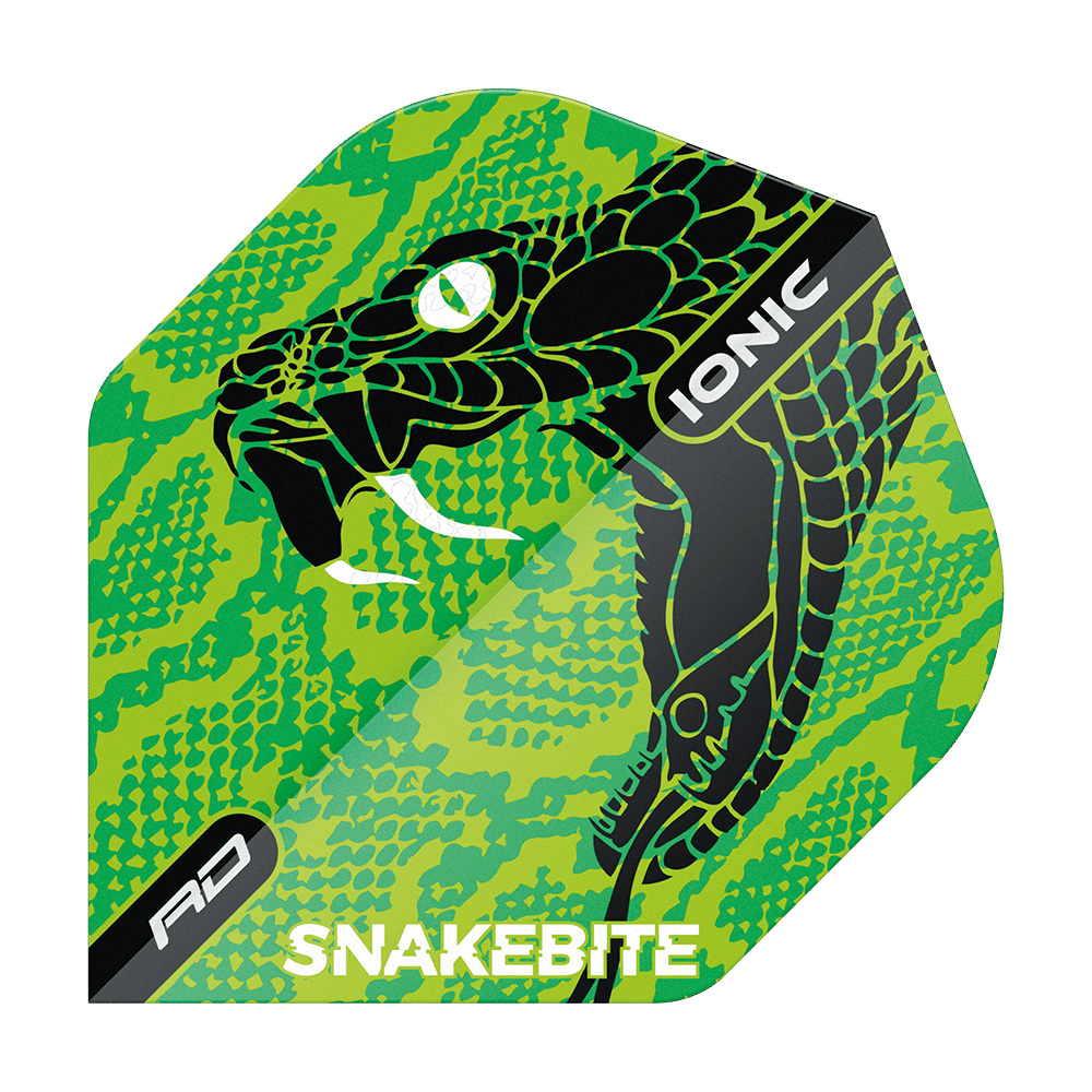 TF6571_Red_Dragon_Hardcore_Ionic_Snakebite_Green_Head_Standard_Flights_1lSzjfFhy26jHO Das Bild zeigt das Produkt "Red Dragon Hardcore Ionic Snakebite Green Head Standard Flights". Auf dem Flight ist ein grüner Schlangenkopf mit hervorgehobenen weißen Reißzähnen abgebildet, dazu stehen die Wörter "IONIC" und "SNAKEBITE".