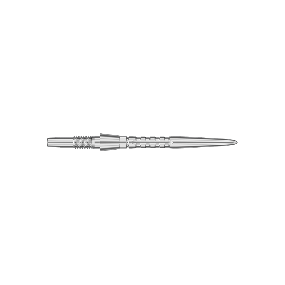 Puntas de dardos de acero Target Swiss Point Storm Surge - plateadas Das Bild zeigt eine silberne Steeldartspitze mit feinen Rillen und einem spitzen Ende. Die Spitze ist schlank und hat eine Länge von 26 mm.