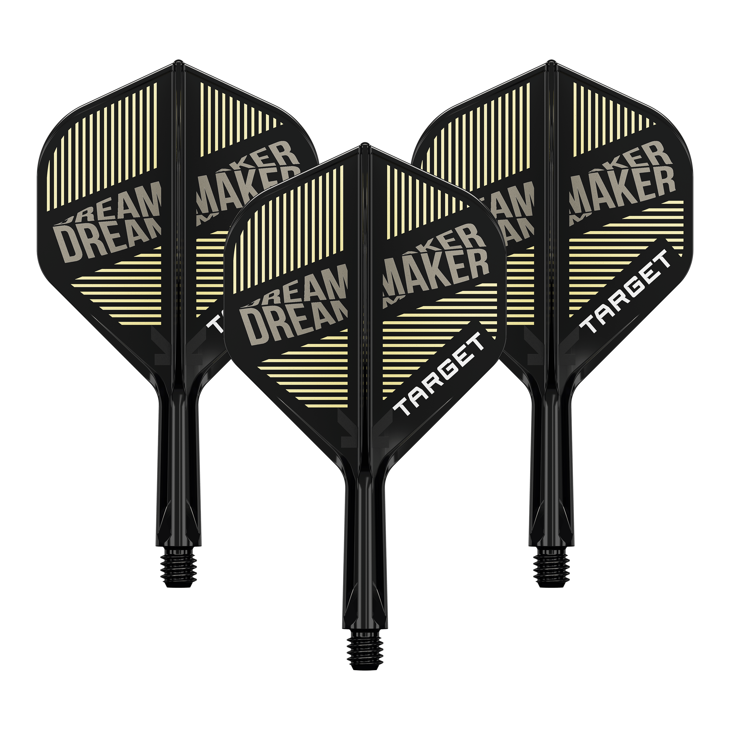 Auf dem Bild sind drei schwarze Dartflights mit integriertem Schaft zu sehen. Auf den Flights steht „DREAM MAKER“ und „TARGET“ in weißen Buchstaben.
