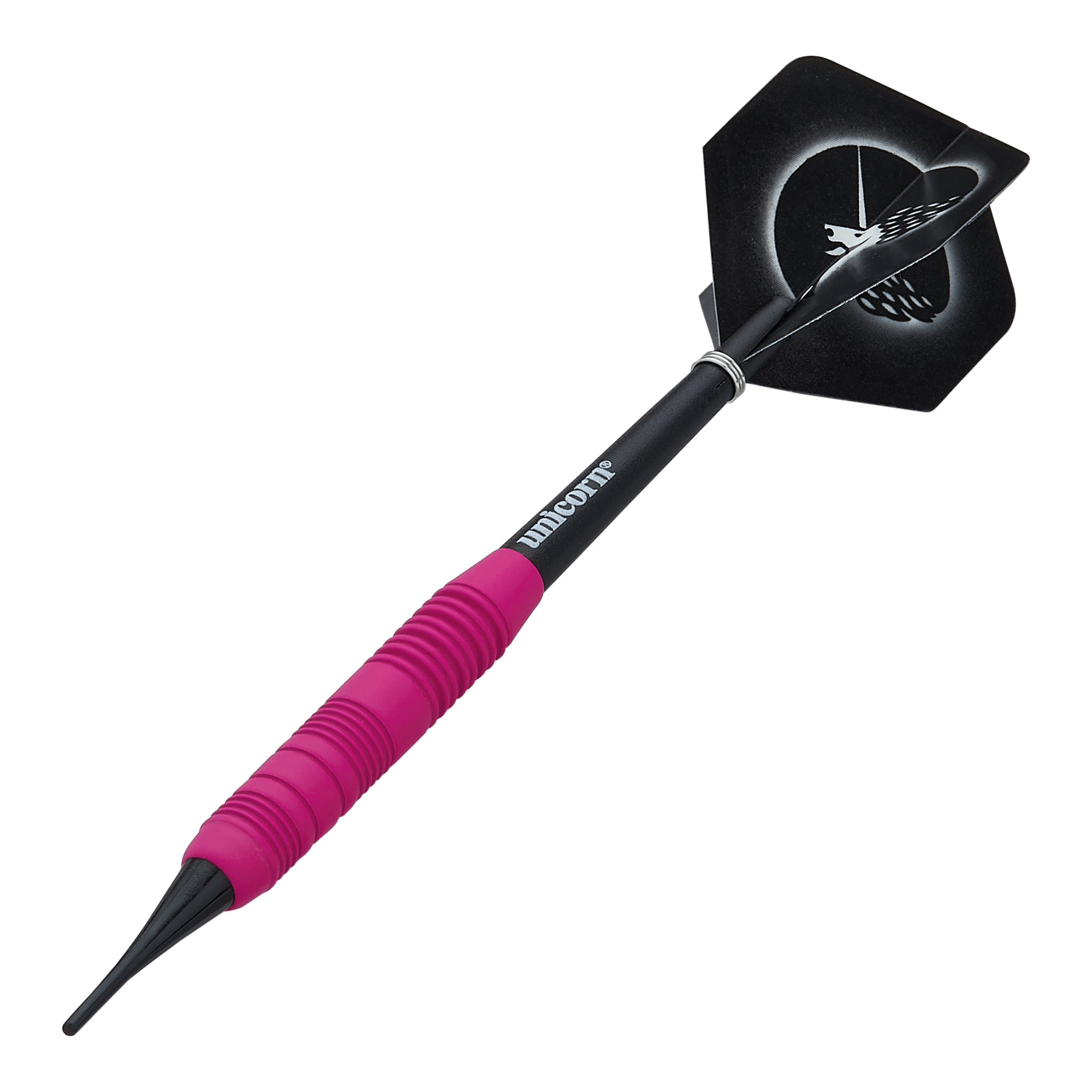 Dardos suaves de goma Unicorn Core Plus, color rosa - 19 g Das Bild zeigt einen pinken, gummierten Softdart namens "Unicorn Core Plus" mit einem Gewicht von 19g. Der Dartpfeil hat einen schwarzen Schaft und Flights mit einem Einhorn-Design.