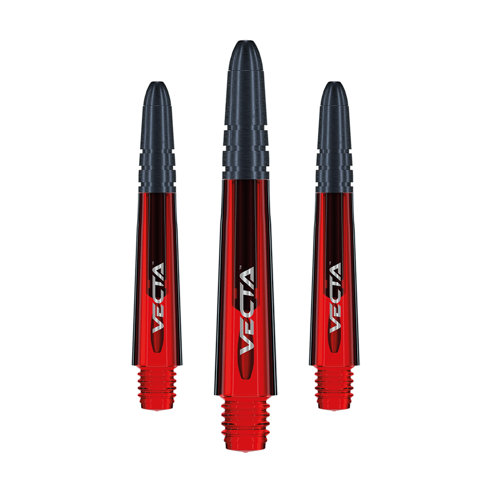 7025-103_Winmau_Vecta_Shafts_Rot_34mm_1 Das Bild zeigt drei Winmau Vecta Shafts in der Farbe Rot. Die Dartschäfte haben einen rot-schwarzen Farbverlauf und das Vecta-Logo ist darauf zu sehen.