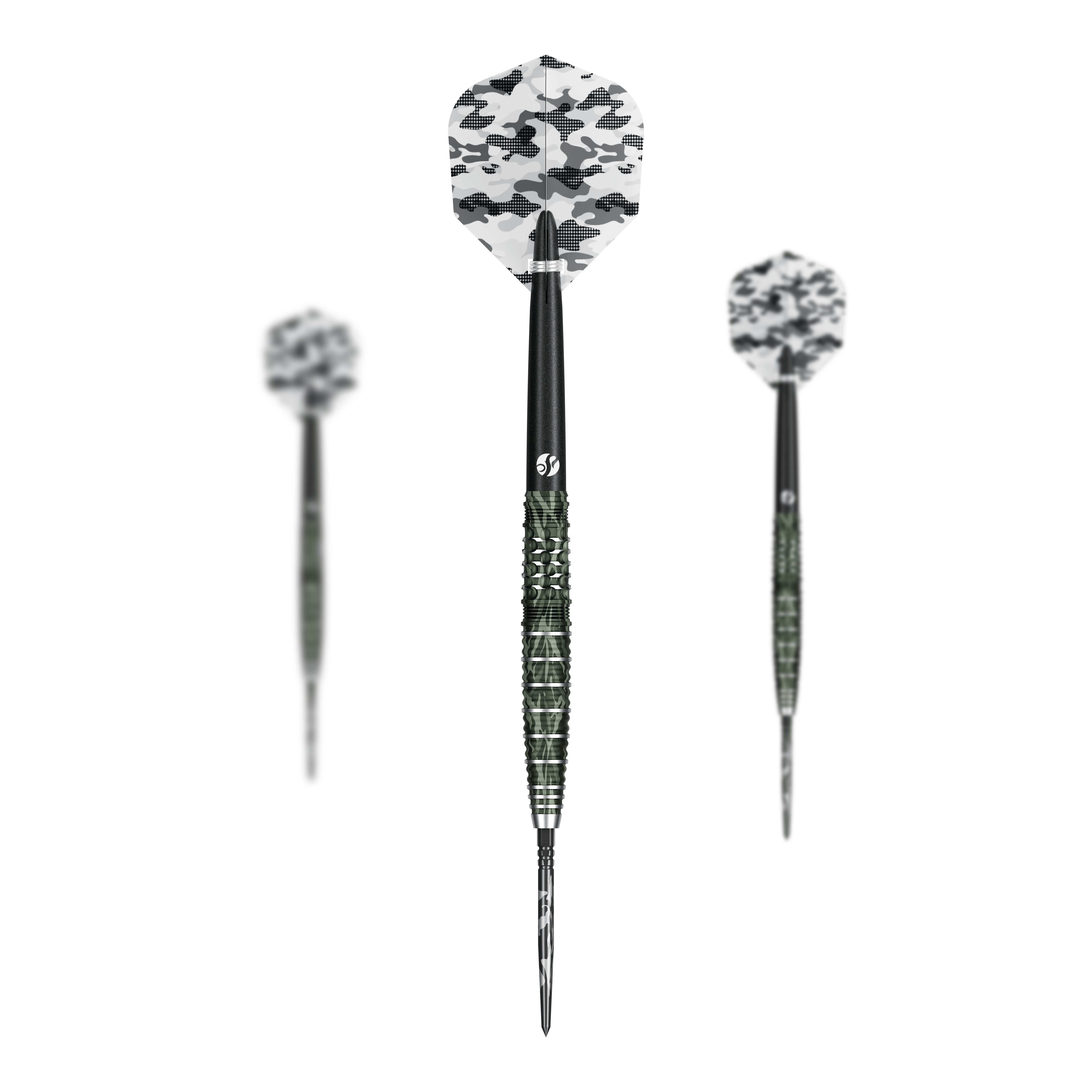 Shot Camo Ghillie Turbo Point Steeldarts - 23g Shot Camo Ghillie Turbo Point Steeldarts 23 Gramm im Set werden gezeigt. Die Darts haben ein spezielles Tarnmuster.