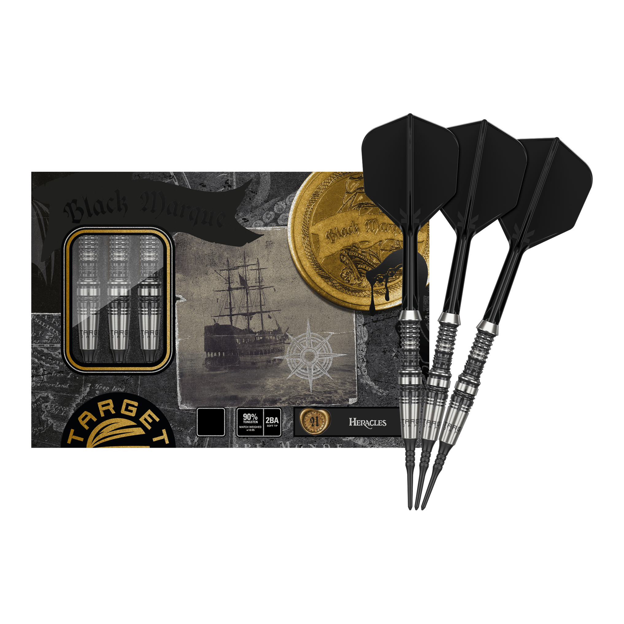 Das Bild zeigt das Produkt "Target Japan Black Marque Heracles Softdarts - 18g" mit drei schwarzen Softdarts. Die Verpackung ist mit maritimen Motiven und goldenen Details gestaltet.