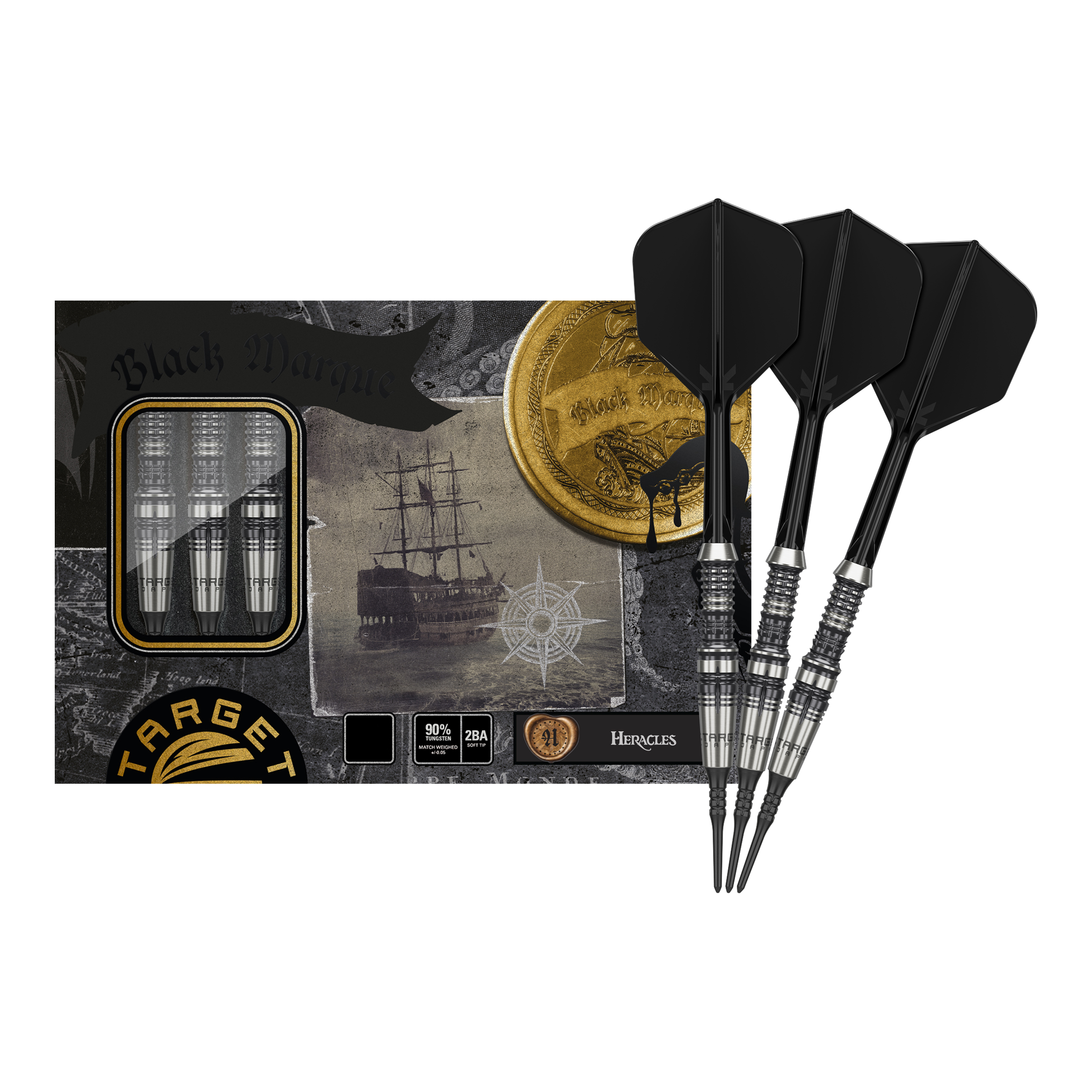 Dardos blandos Target Japan Black Marque Heracles - 18 g Das Bild zeigt das Produkt "Target Japan Black Marque Heracles Softdarts - 18g" mit drei schwarzen Softdarts. Die Verpackung ist mit maritimen Motiven und goldenen Details gestaltet.