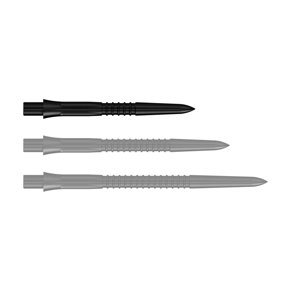 Puntas de dardos Mission Caliburn EVO GV1 - Negras Schwarze Steeldartspitzen, 26 mm Länge, aus der Misson Caliburn EVO GV1 Serie. Die Aufnahme zeigt eine Detailansicht der Dartspitzen.
