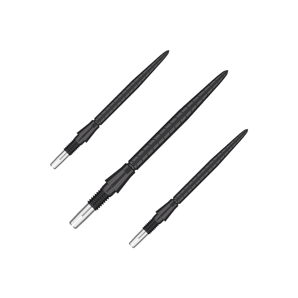 Das Bild zeigt drei schwarze Dartspitzen mit silbernem Schraubgewinde. Sie sind nebeneinander auf einem transparenten Hintergrund angeordnet.