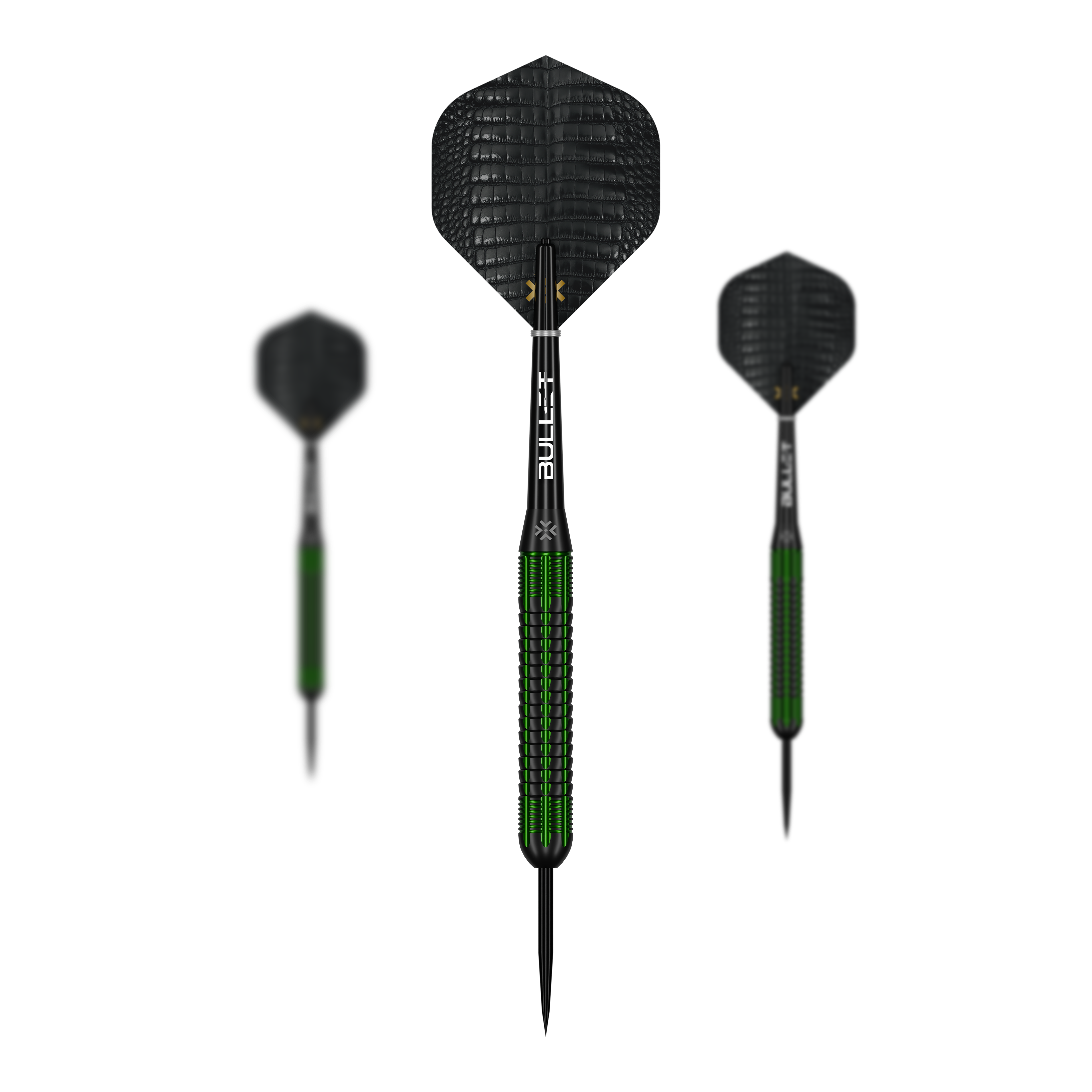 Dardos de acero de latón Bullet Gator - 22 g Auf dem Bild ist ein Set der Bullet Gator Brass Steeldarts - 22g zu sehen. Das Set enthält mehrere Darts mit je 22 Gramm Gewicht.