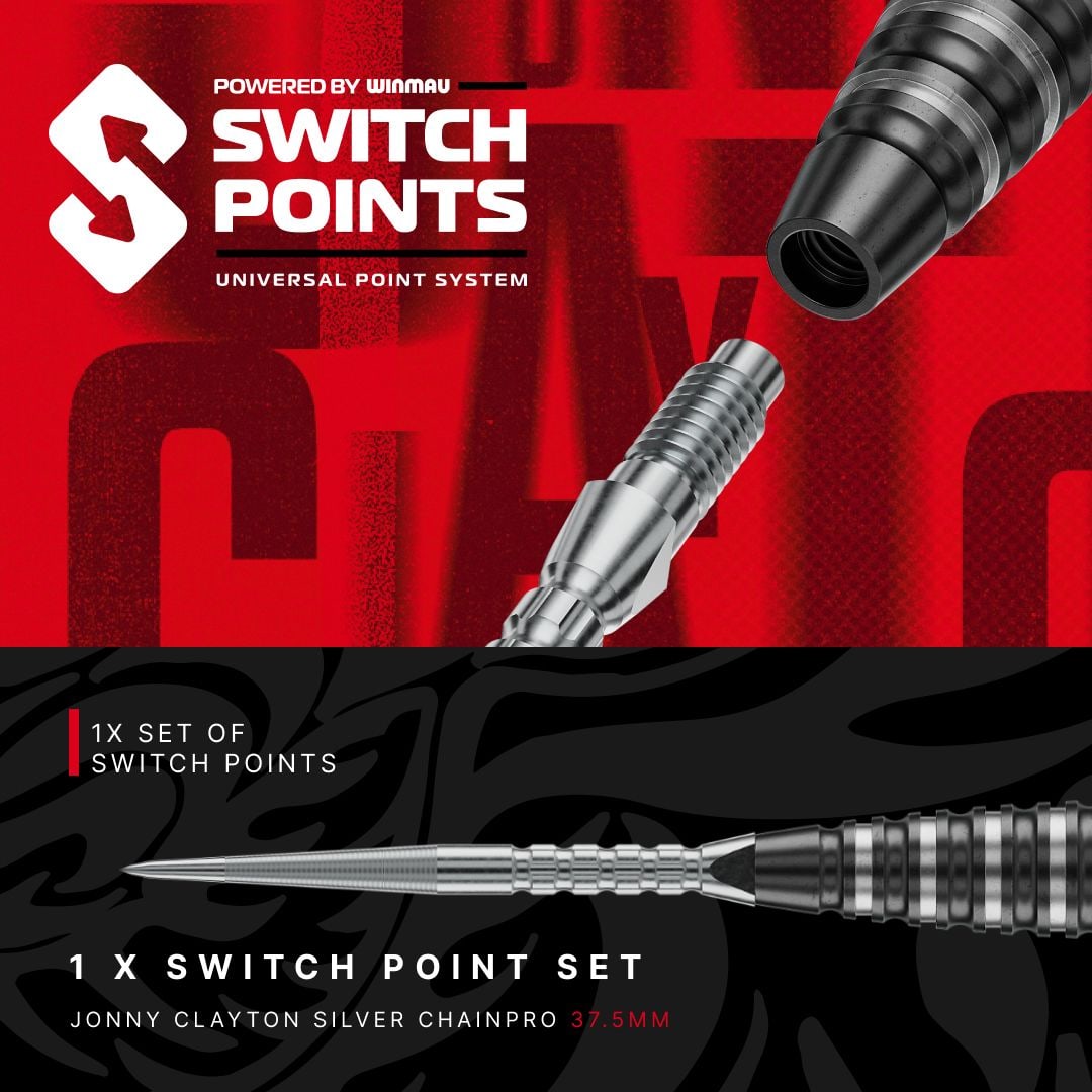Dardos de acero Red Dragon Jonny Clayton RD-PRO Switch Point Das Bild präsentiert Red Dragon Jonny Clayton RD-PRO Switch Point Steeldarts. Die Dartpfeile sind geordnet auf einer hellen Fläche zu sehen.