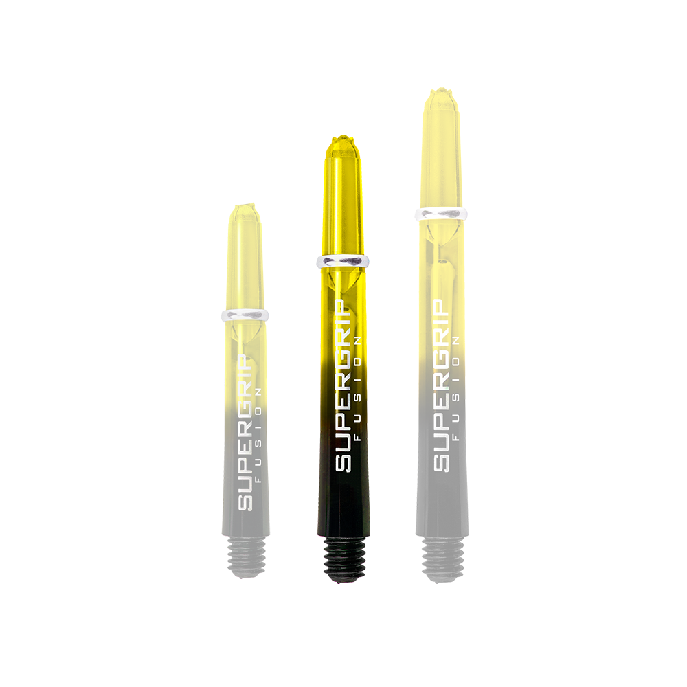 HR349_Harrows_Supergrip_Fusion_Shafts_Gelb_40mm_1i3wXrDg0BfcX5 Das Bild zeigt drei Harrows Supergrip Fusion Shafts in der Farbe Gelb. Die Shafts sind unterschiedlich lang und haben einen schwarzen unteren Bereich.