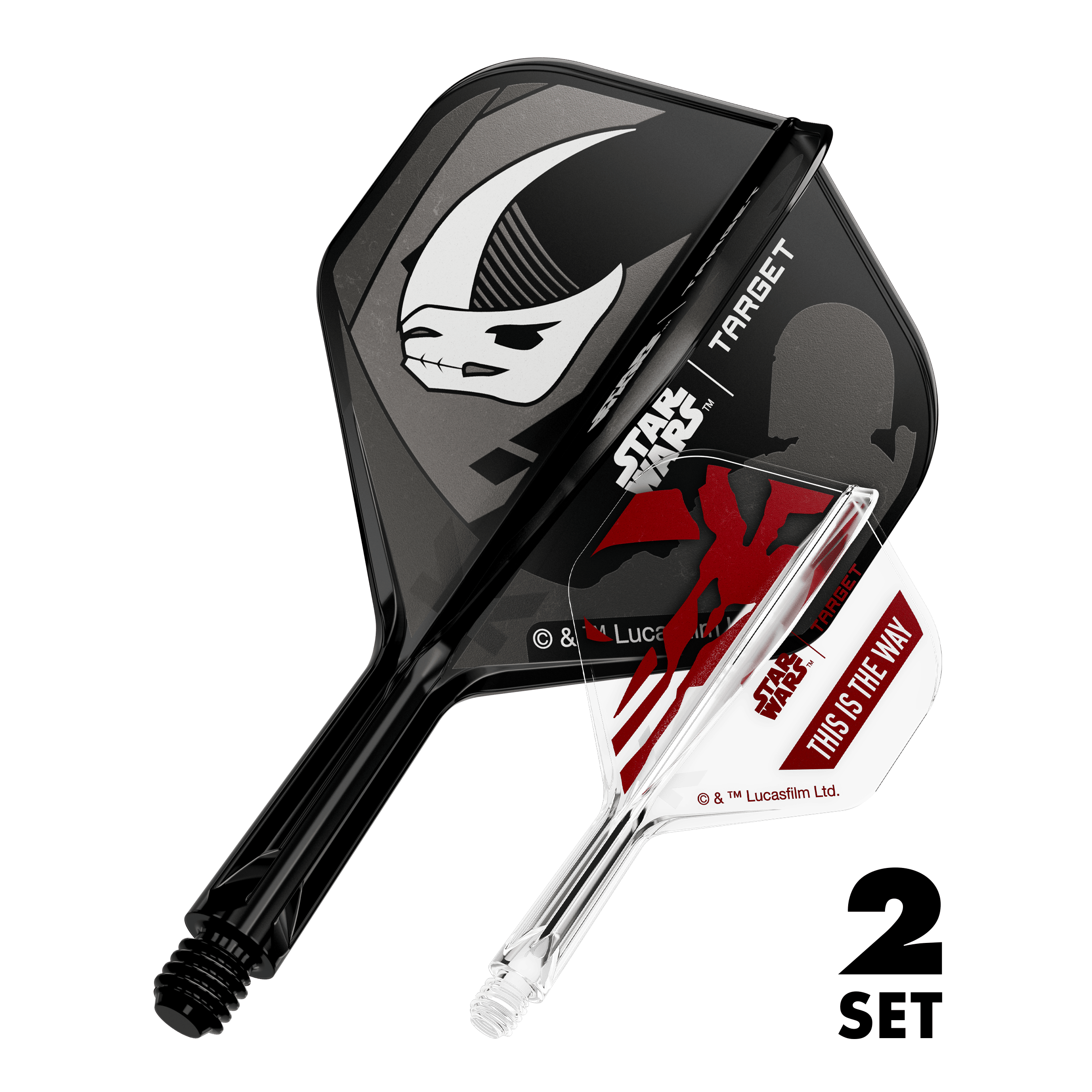 Zu sehen sind zwei Dart-Flights im Mandalorianer-Design aus Star Wars. Dies ist das Set 'K-Flex Mandalorian 2PackSet No2 Standard Flights' mit 19mm.