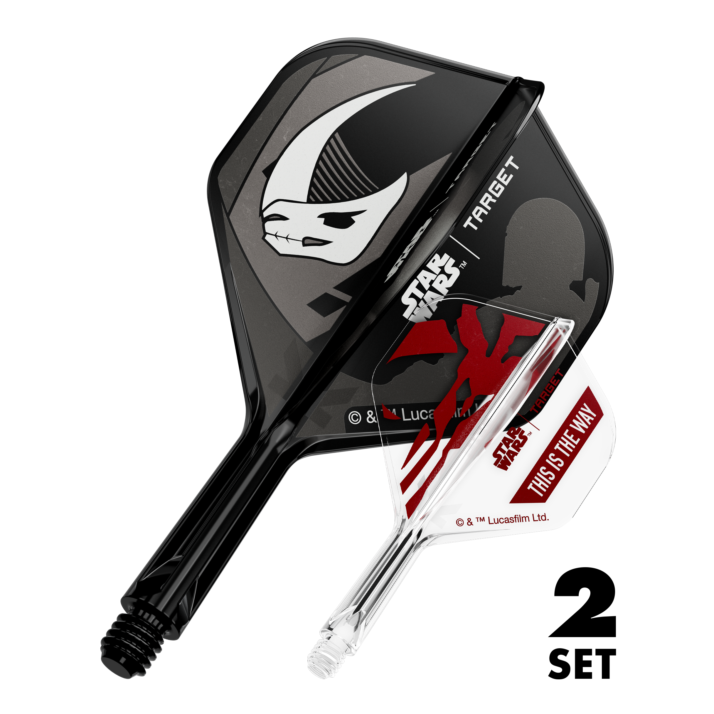 Set Target Star Wars K-Flex Mandalorian No2 Vuelos estándar Zu sehen sind zwei Dart-Flights im Mandalorianer-Design aus Star Wars. Dies ist das Set 'K-Flex Mandalorian 2PackSet No2 Standard Flights' mit 19mm.