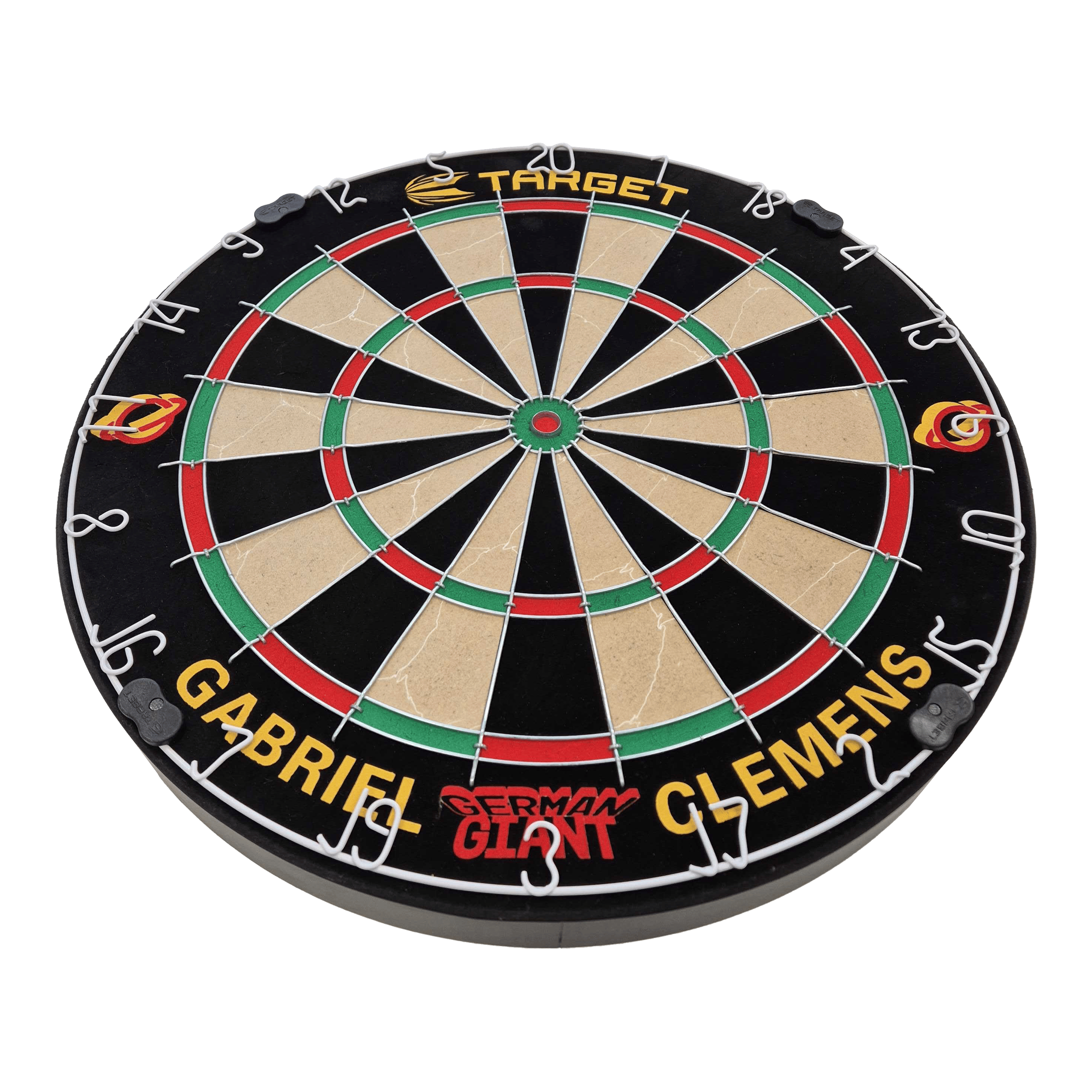 Juego de dardos de acero Target Gabriel Clemens Dies ist eine Steeldartboard-Set mit der Aufschrift „Gabriel Clemens“ und „German Giant“. Das Board ist von der Marke Target und hat die klassischen Farben und Markierungen eines Dartboards.