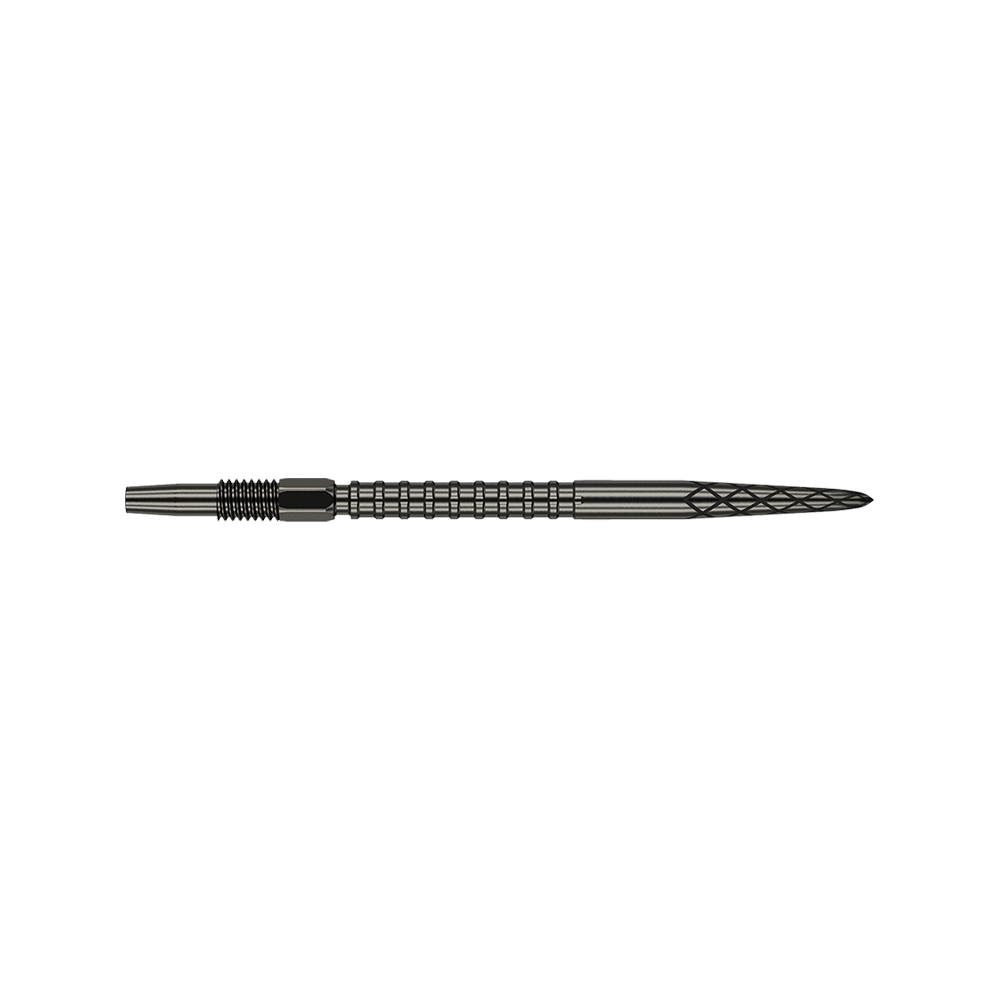 Puntas de dardo Target Swiss DS Surge Point - Negro Das Bild zeigt eine schwarze Dartspitze mit geriffelten und eingekerbten Mustern. Die Spitze ist 35 mm lang und hat ein elegantes, technisches Design.