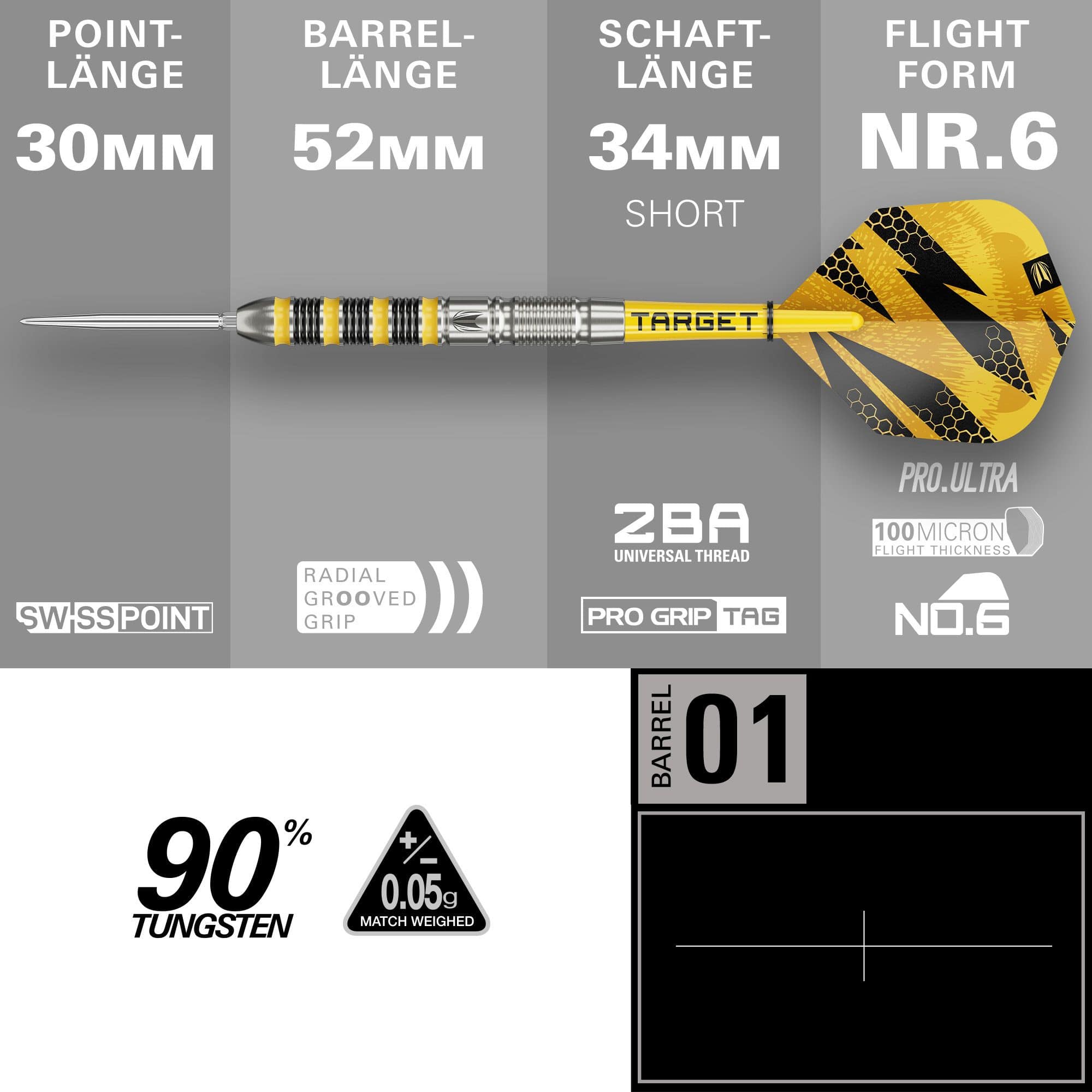Dardos de acero Target Buzz 01 Swiss Points Das Bild zeigt die Target Buzz 01 Swiss Points Steeldarts. Die Darts sind speziell für Präzision und Leistung entworfen.
