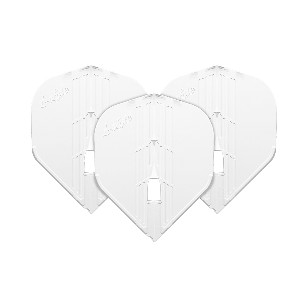 L-Style KAMI L1PRO Flights Das Bild zeigt drei weiße Dart-Flights, die nebeneinander angeordnet sind. Auf jedem Flight ist das Wort "L-style" eingraviert.
