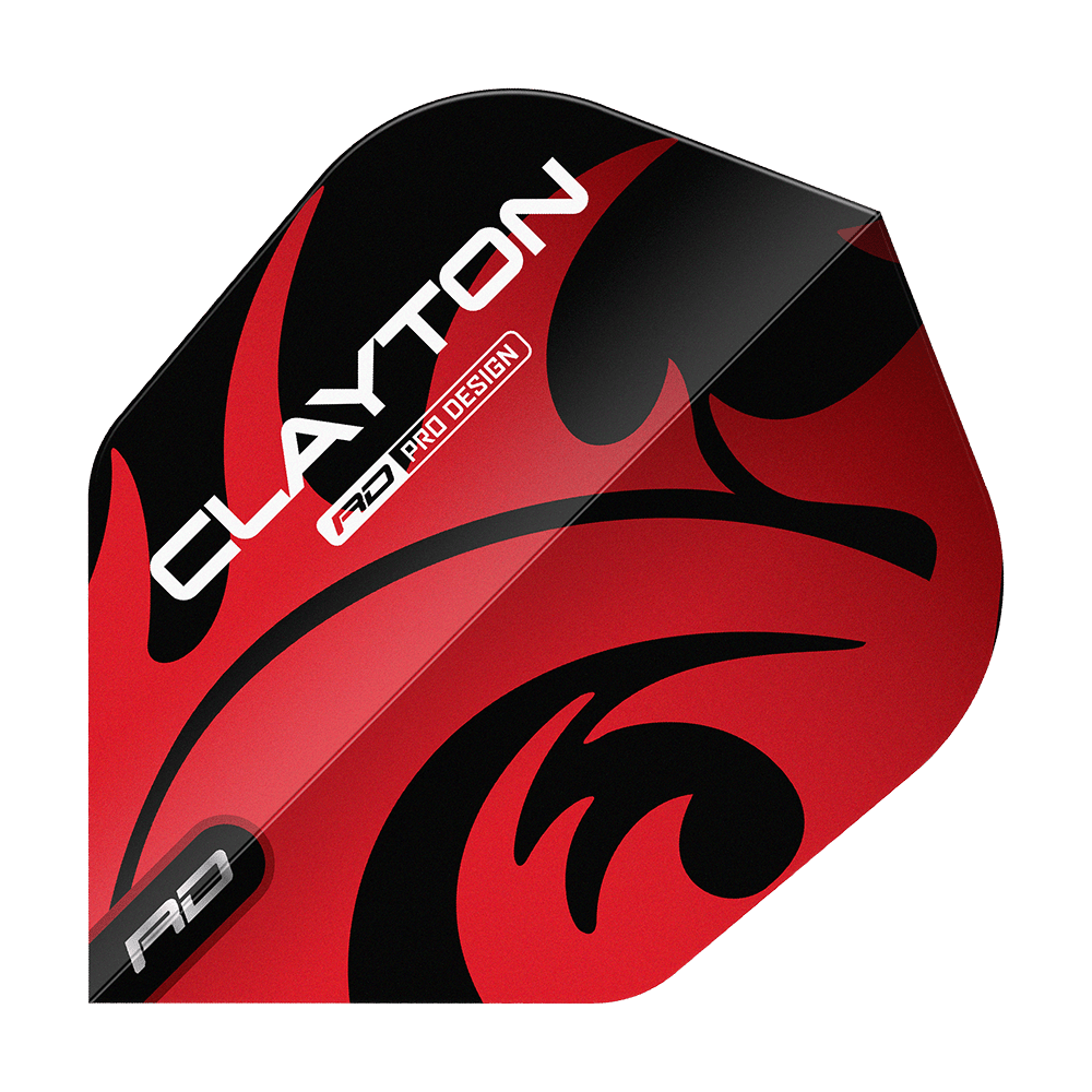 Red Dragon Jonny Clayton Rojo Negro No6 Vuelos Das Bild zeigt ein Dartflight mit dem Namen "Red Dragon Jonny Clayton Red Black No6 Flights". Das Flight ist rot und schwarz gestaltet und trägt den Aufdruck "Clayton".