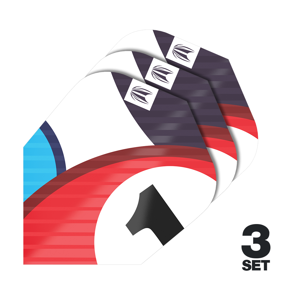 Plumas Target Pro Ultra Chicane Blue Ten-X - 3 juegos Das Bild zeigt drei Sets der Target Pro Ultra Chicane Blue Ten-X Flights. Die Flights haben ein farbenfrohes Design mit Rot, Blau, Weiß und Schwarz sowie einer Nummer 1.