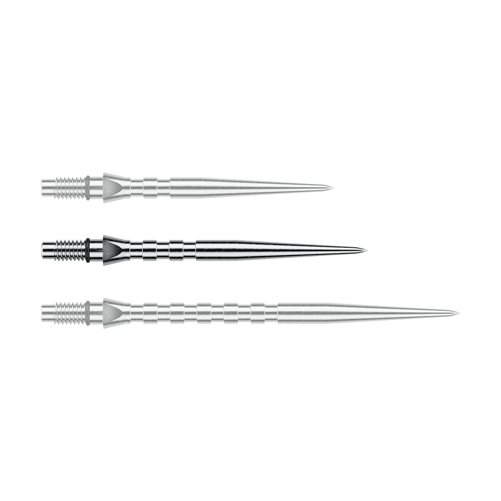 Abgebildet ist eine einzelne Winmau Switch Point Groove Steeldartspitze mit 30mm Länge in silberner Optik. Die Spitze ist schmal und gerillt für besseren Halt.
