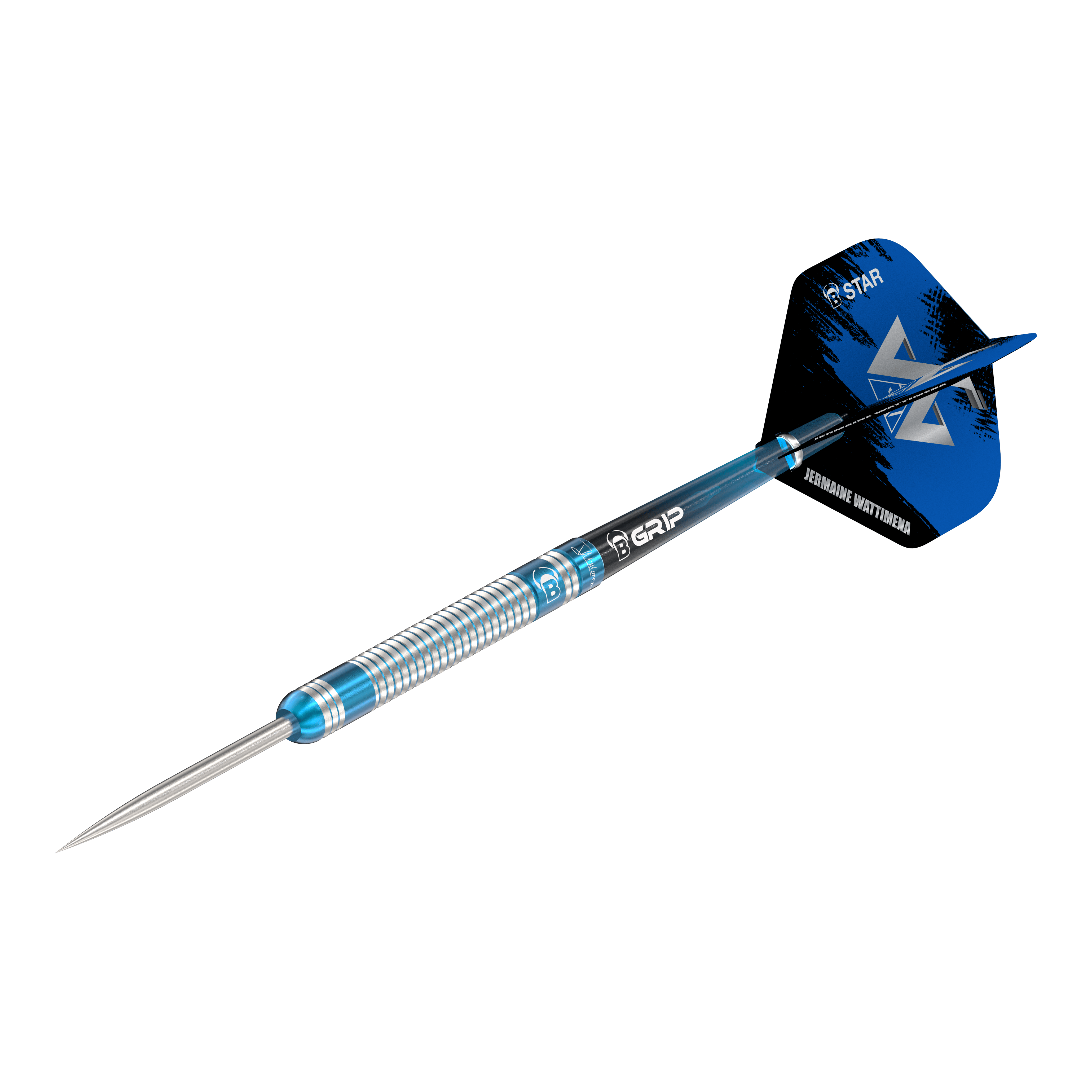 Dardos de acero Bulls Jermaine Wattimena Generation 3 Das Bild zeigt einen Steeldartpfeil mit silber-blauer Riffelung am Barrel. Auf dem Flight steht „Jermaine Wattimena“ und er ist mit dem Produktnamen „Bulls Jermaine Wattimena Generation 3 Steeldarts“ versehen.