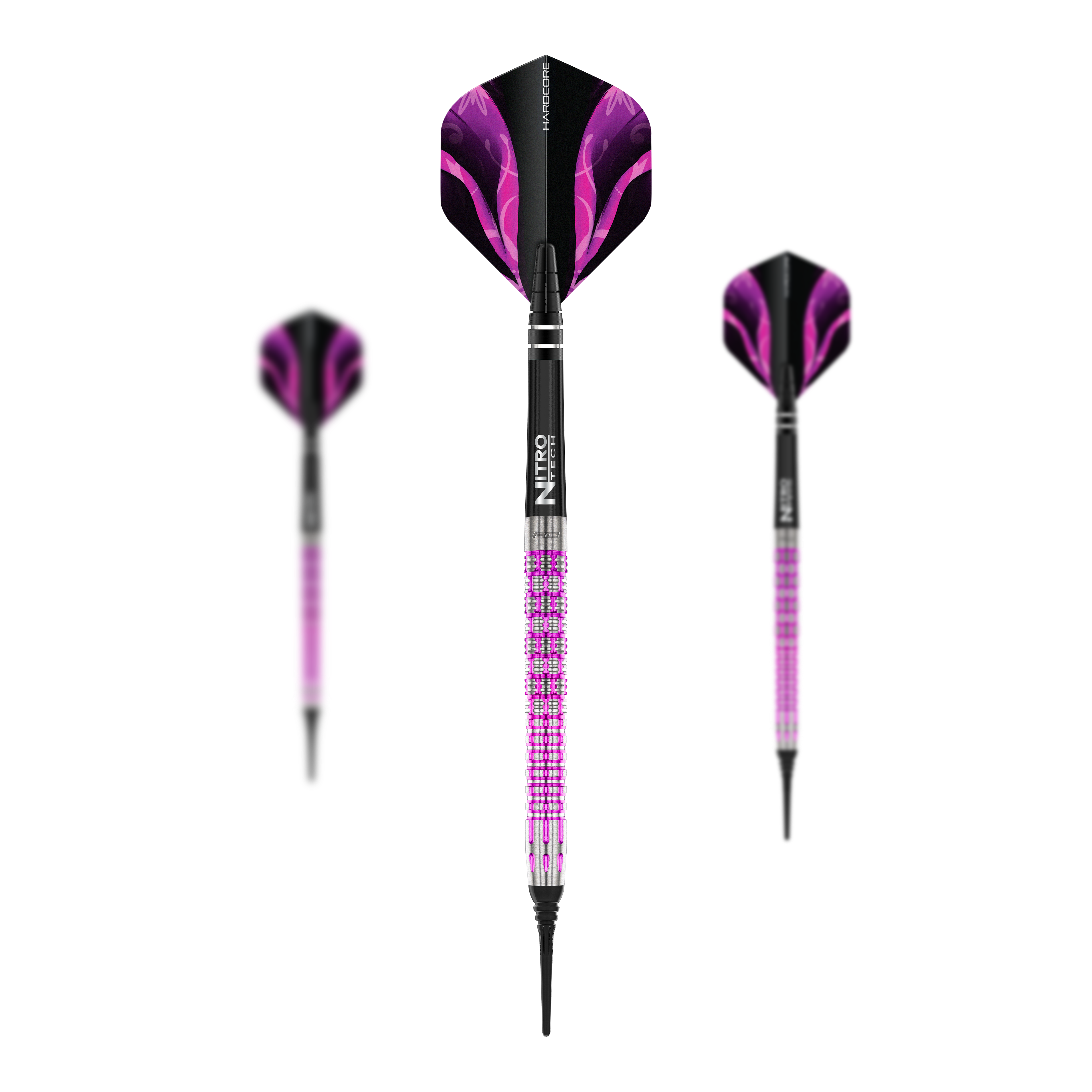 Dardos blandos Red Dragon Tyrian - 22 g Das Bild zeigt drei Red Dragon Tyrian Softdarts mit einem Gewicht von 22g. Die Darts sind hauptsächlich lila und schwarz gestaltet und haben auffällige Muster auf den Flights.