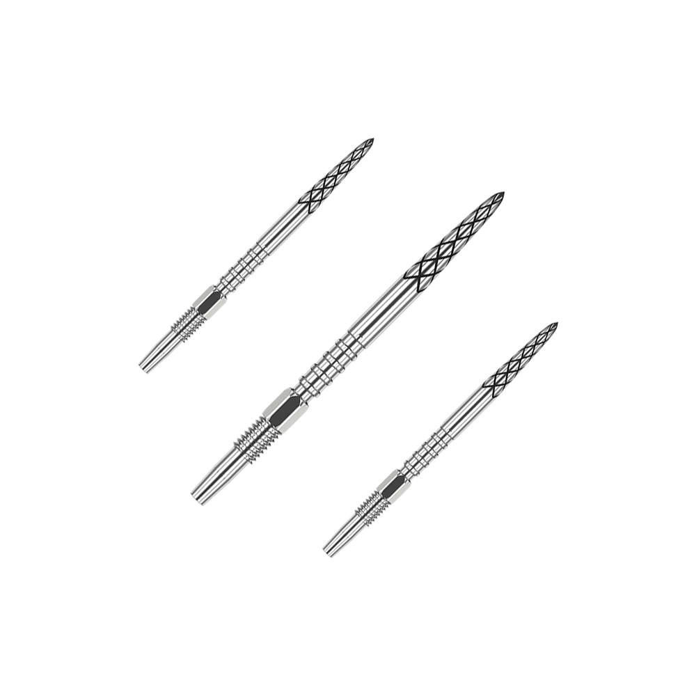 Puntas de dardo Target Swiss DS Surge Point - Plata Das Bild zeigt drei silberne Dartspitzen mit feinen Gravuren. Sie sind in einer diagonalen Linie angeordnet und haben ein modernes Design.