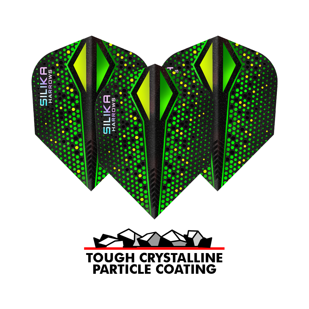 Plumas Harrows Silika Colorshift con revestimiento cristalino resistente Green-X No6 Das Bild zeigt drei grüne Harrows Silika Colourshift Tough Crystalline Coating No6 Flights für Darts. Unten befindet sich ein Logo mit der Aufschrift „Tough Crystalline Particle Coating“.