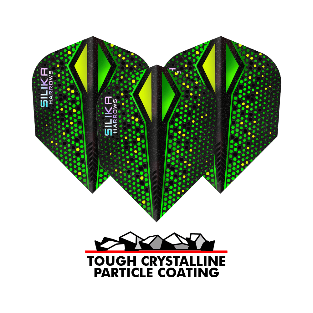 Plumas Harrows Silika Colorshift con revestimiento cristalino resistente Green-X No6 Im Bild erkennbar sind die Harrows Silika Colourshift Tough Crystalline Coating Green-X No6 Flights. Auffällige Muster sind sichtbar.