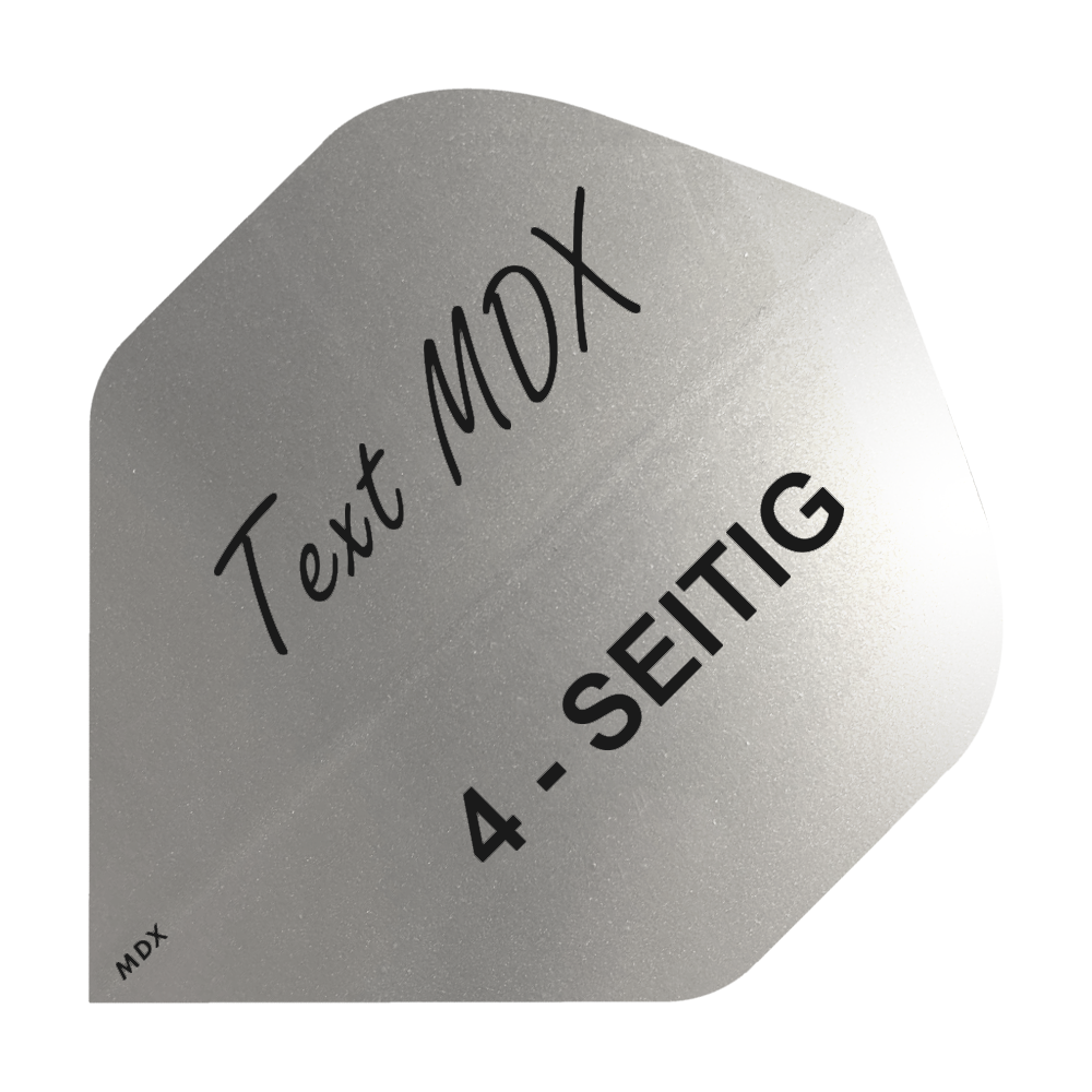 10 juegos de plumas metálicas impresas a 4 caras - texto personalizado - MDX Standard Das Bild zeigt einen silbernen Dartflight mit der Aufschrift "Text MDX" und "4-SEITIG". Der Flight hat eine metallische Oberfläche und eine spezielle Form.