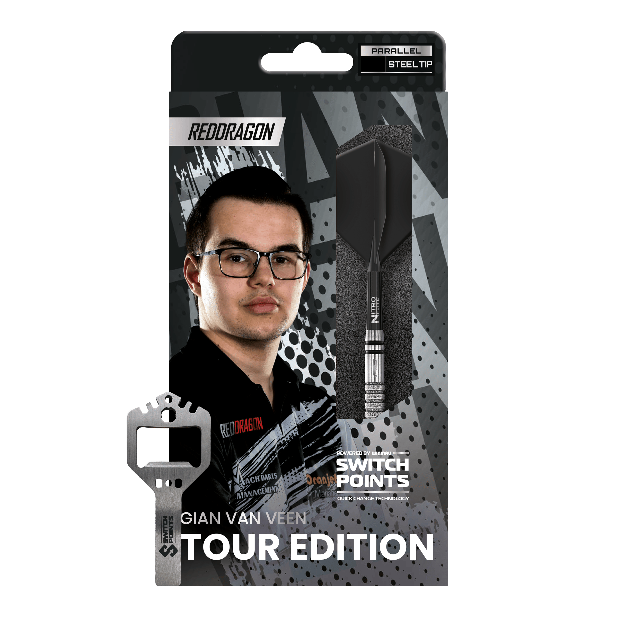 Dardos de acero Red Dragon Gian Van Veen Tour Edition Switch Point - 21 g Das Bild zeigt die Red Dragon Gian Van Veen Tour Edition Switch Point Steeldarts - 21g. Die Darts haben ein modernes und robustes Design.