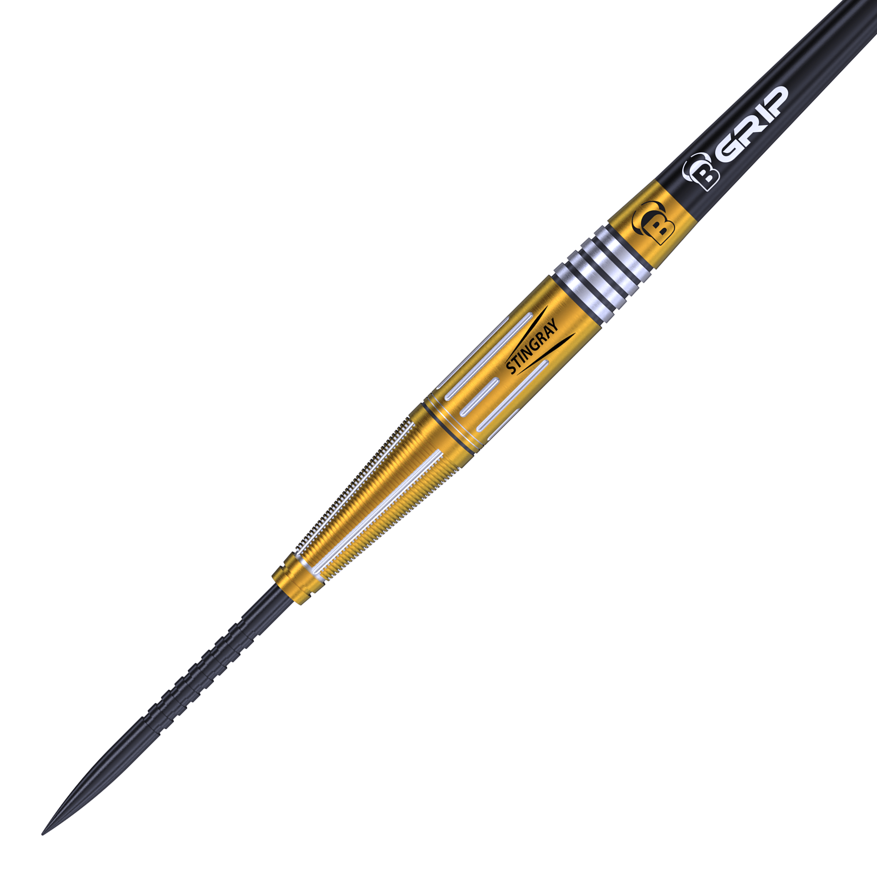 Dardos de acero Bulls Stingray ST4 Das Bild zeigt einen Bulls Stingray ST4 Steeldart. Der Dartpfeil hat einen goldfarbenen Schaft mit silbernen Akzenten und einer schwarzen Spitze.