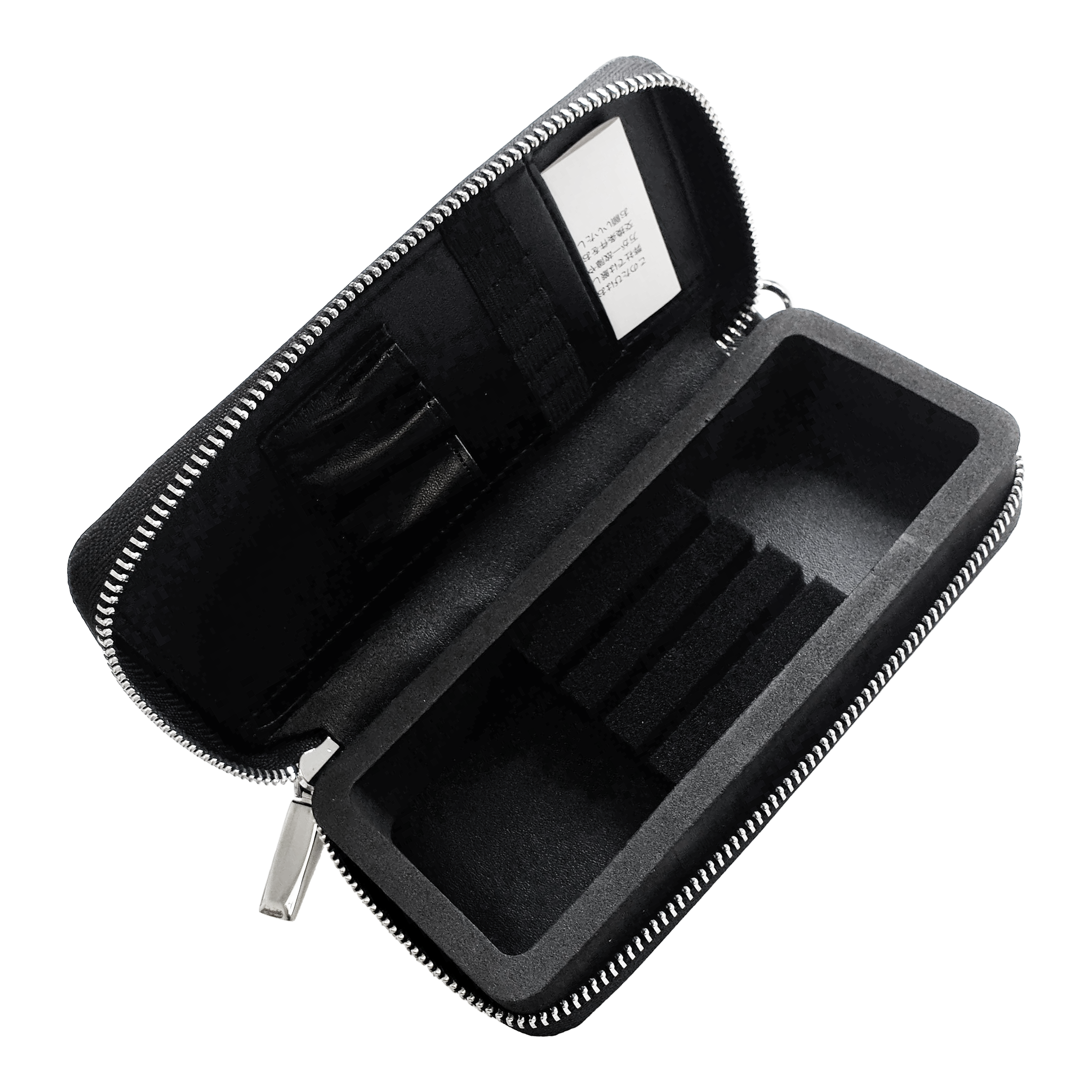 Caso de negocio Cameo Pro3 Das Bild zeigt ein schwarzes Etui mit Reißverschluss, das im Inneren Fächer für Karten und andere kleine Gegenstände hat. Der Innenraum ist mit Schaumstoff ausgekleidet und für eine geordnete Aufbewahrung unterteilt.