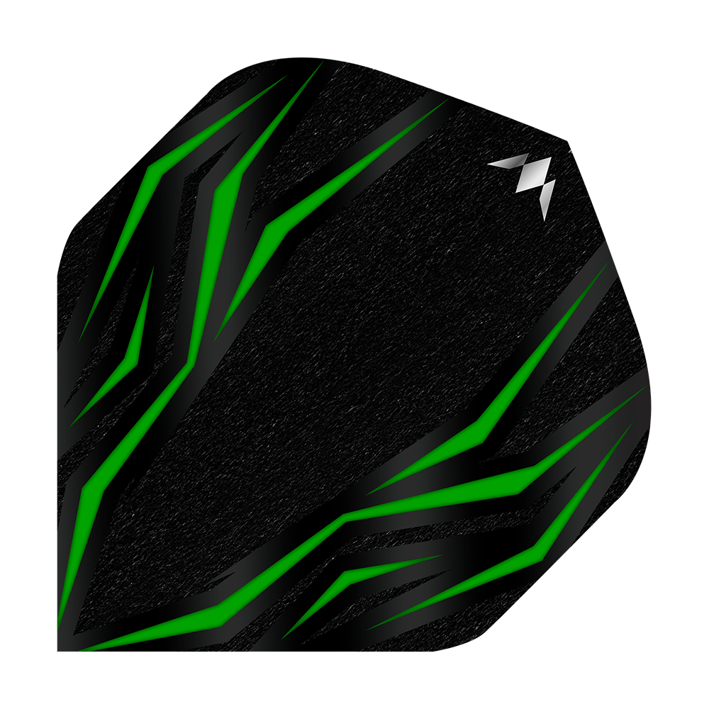 Misión Lava Verde N°2 Vuelos Estándar Das Bild zeigt einen schwarzen Dartflight mit grünen, diagonalen Linien. In der oberen rechten Ecke befindet sich ein kleines, silbernes Logo.