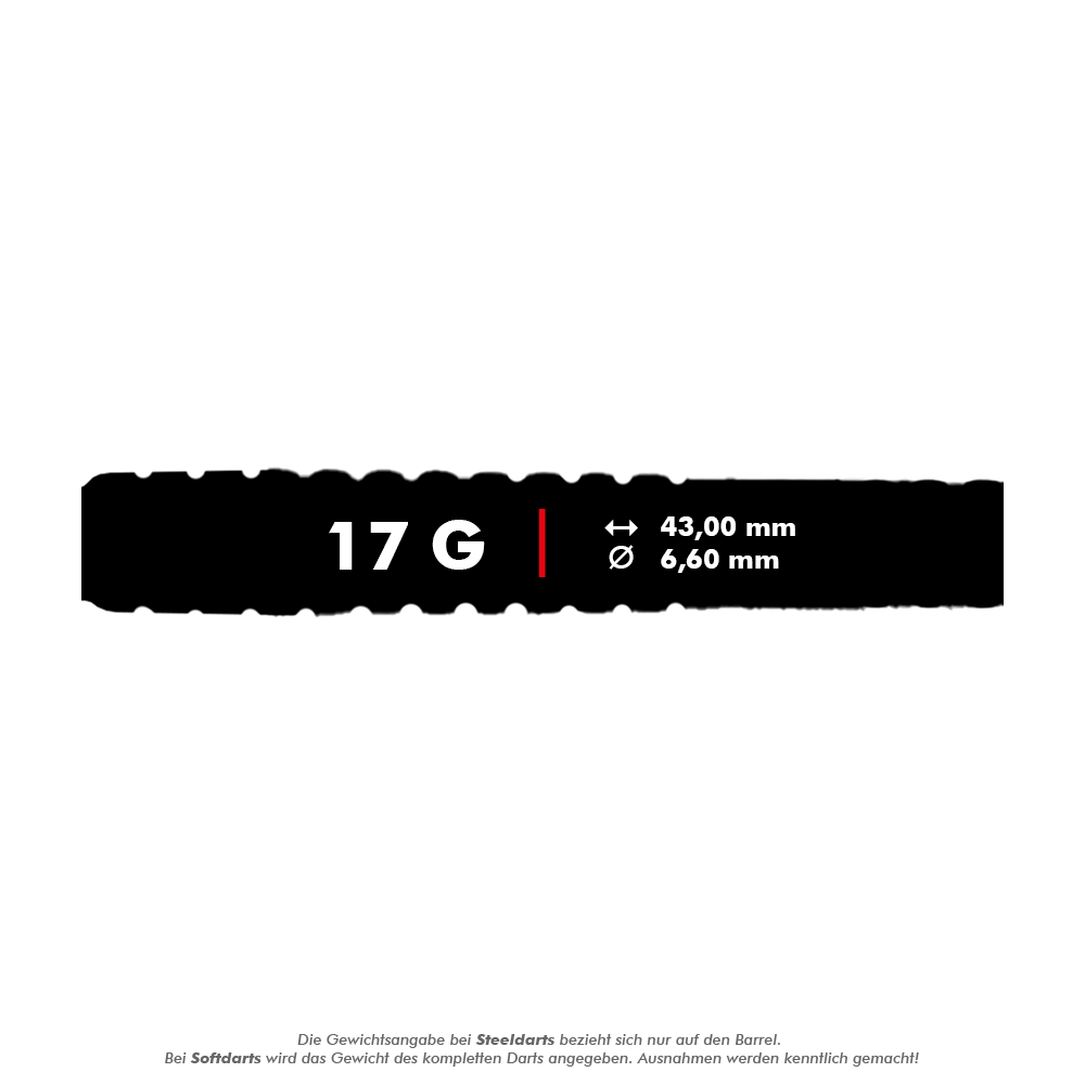 Dardos blandos McDart 85 Tungsten V20 - 17 g Das Bild zeigt die Produktangaben für die McDart 85er Tungsten V20 Softdarts mit einem Gewicht von 17 Gramm. Die Darts sind 43,00 mm lang und haben einen Durchmesser von 6,60 mm.